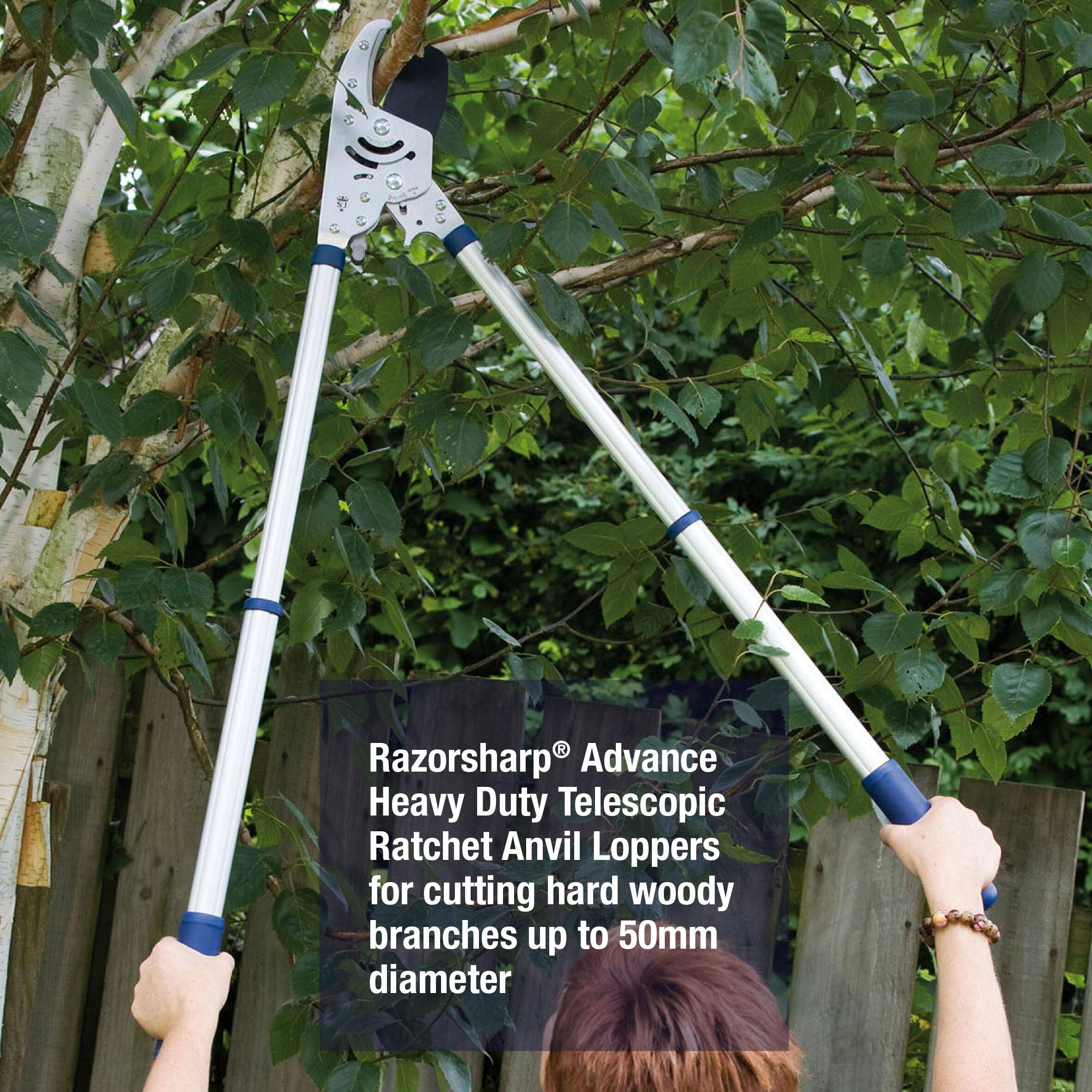 Razorsharp® Advance Heavy Duty Telescopic Ratchet Anvil Loppers for cutting hard woody branches up to 50mm diameter