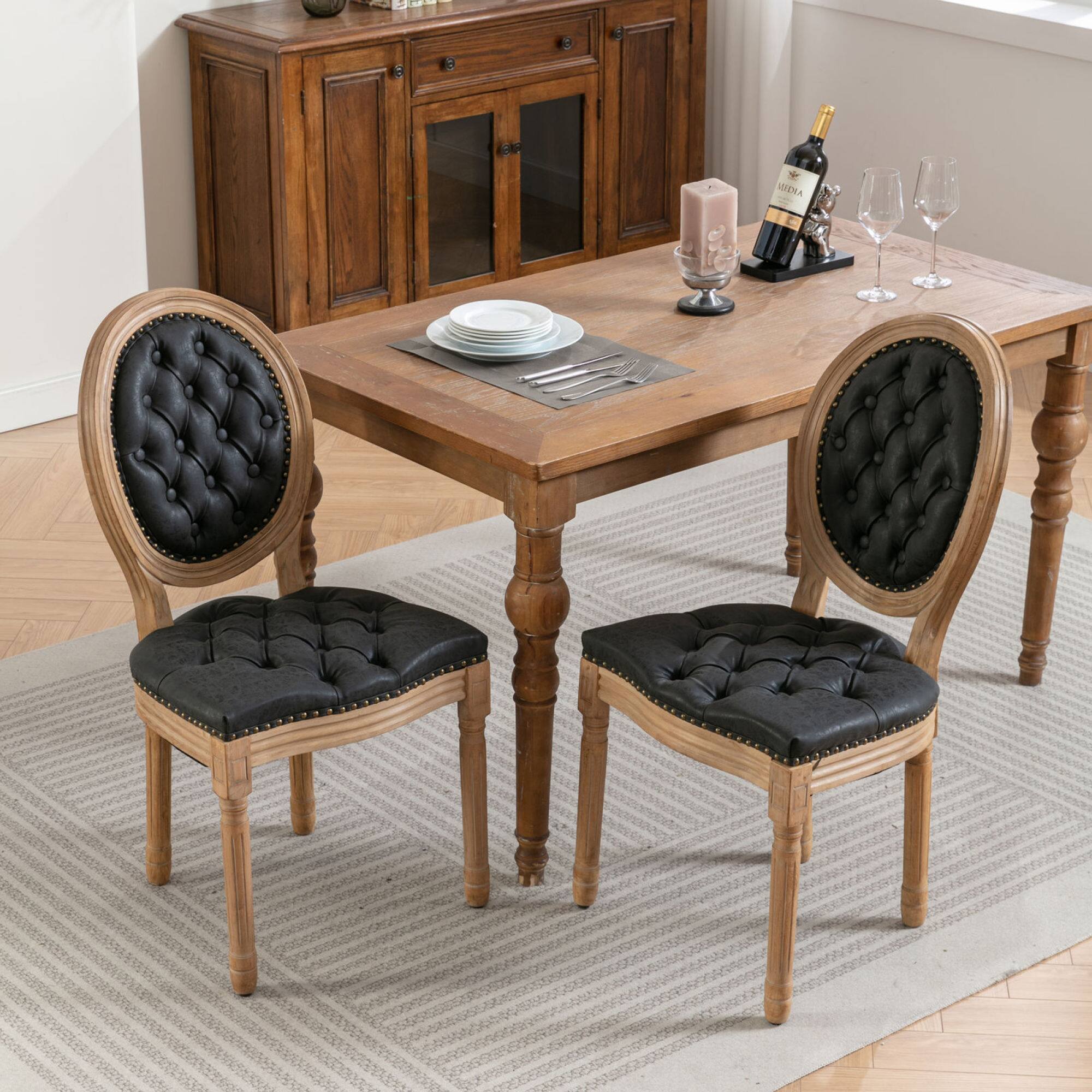 Alt View 10. GOODSILO - French Style Solid Wood Frame Antique Dining Chairs with Hand-Pulled Buckle Decoration and Nailhead Trim, Set of 2 - Black PU.