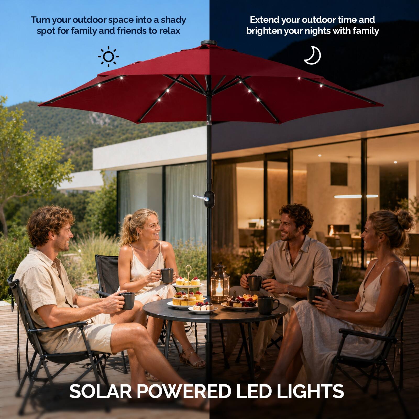 Turn your outdoor space into a shady spot for family and friends to relax

Extend your outdoor time and brighten your nights with family

SOLAR POWERED LED LIGHTS