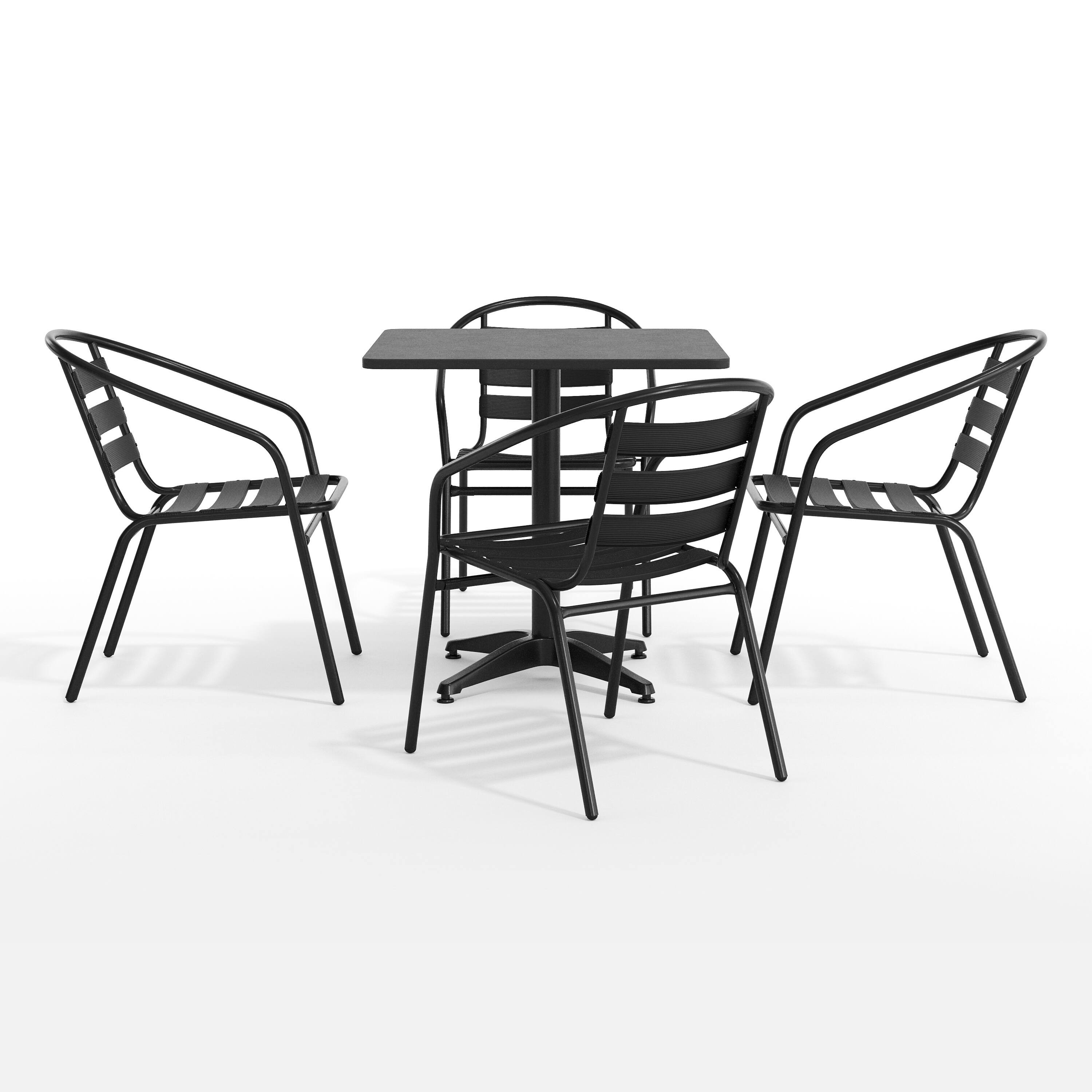 Angle. Flash Furniture - Lila 27.5'' Black Square Aluminum Indoor-Outdoor Table Set with 4 Black Slat Back Chairs - Black.