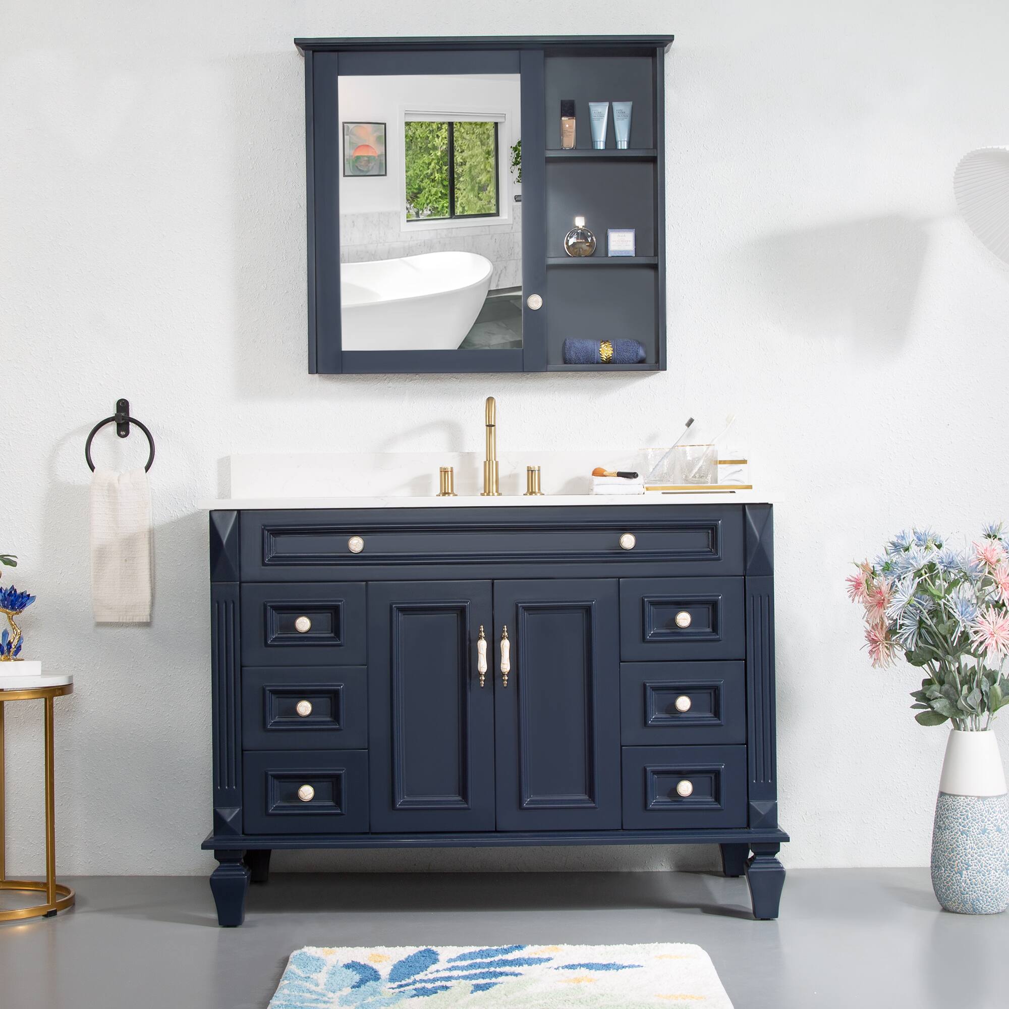 Alt View 8. WELLFOR - ARTWOOD 48 in. Solid Wood Bath Vanity with Quartz Top, Single Sink, Soft Close, Assembled - Navy Blue.