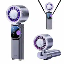 PRIMEPLUS - Portable Ice Cooling Fan, 20000RPM 199-Speed Rechargeable Neck Fan, 4000mAh 15H LED Display for Travel Outdoor - Gray-Purple