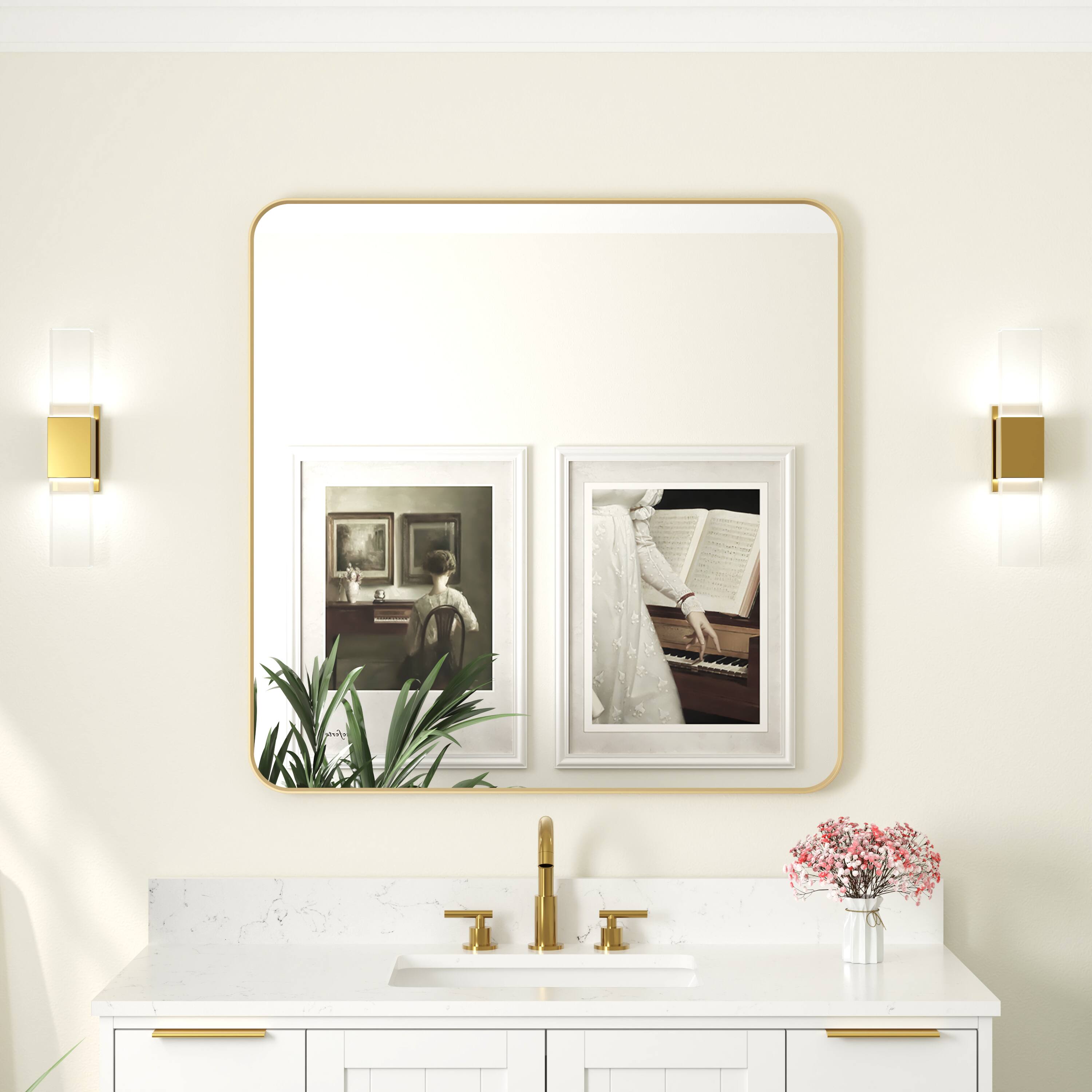 Angle. WELLFOR - 36 in. W. x 36 in. H Square Aluminum Framed Wall-Mounted Bathroom Vanity Mirror - Brushed Gold.