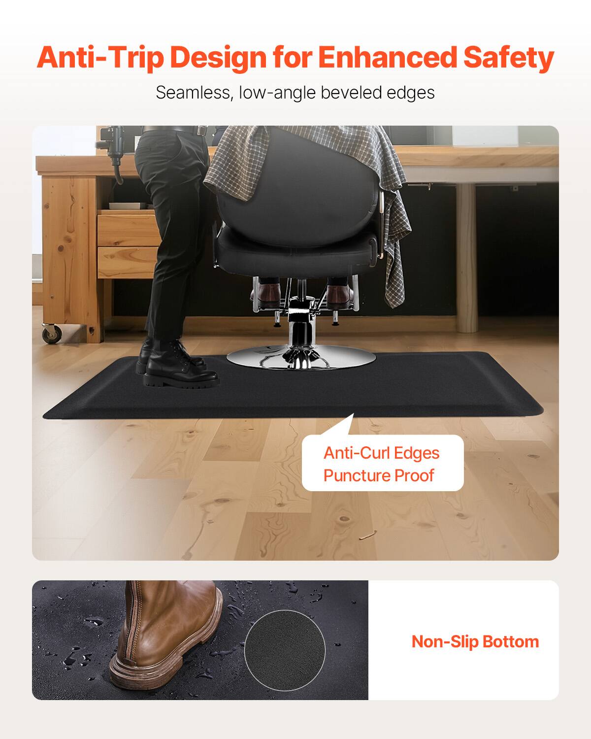 Anti-Trip Design for Enhanced Safety
Seamless, low-angle beveled edges
Anti-Curl Edges Puncture Proof
Non-Slip Bottom