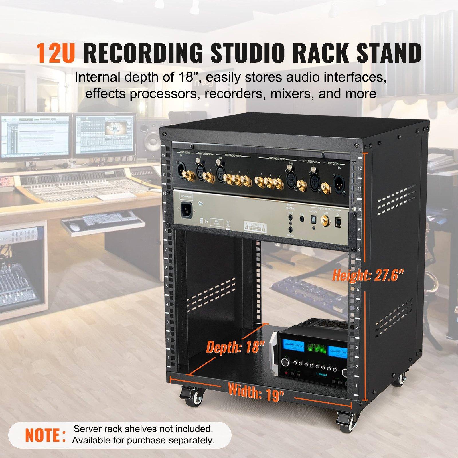 12U RECORDING STUDIO RACK STAND

Internal depth of 18", easily stores audio interfaces, effects processors, recorders, mixers, and more

Height: 27.6"
Depth: 18"
Width: 19"

NOTE: Server rack shelves not included. Available for purchase separately.