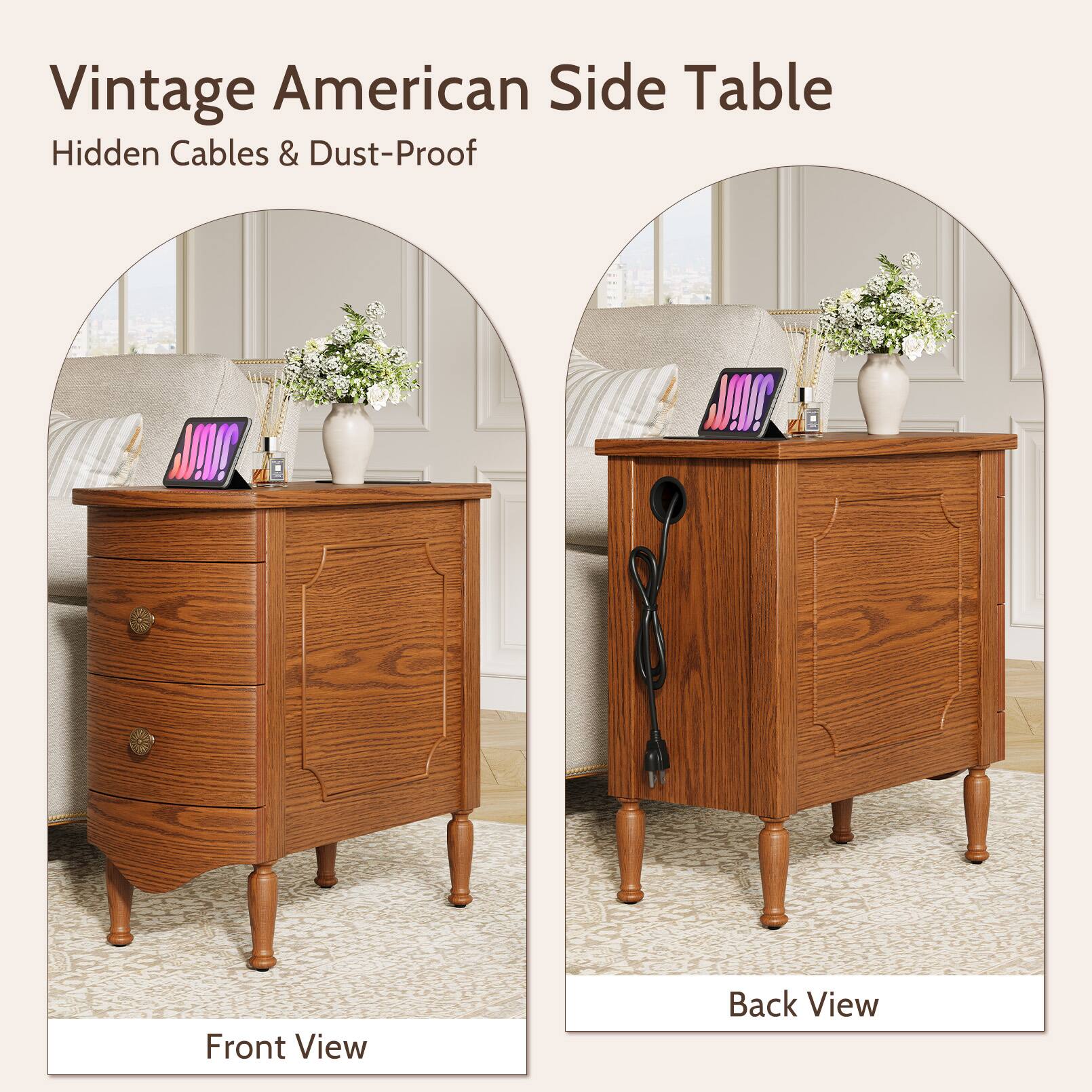 Vintage American Side Table  
Hidden Cables & Dust-Proof  

Front View  
Back View