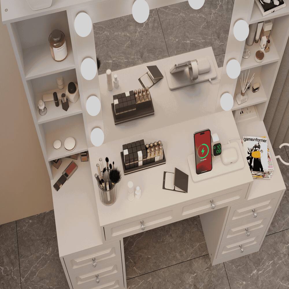 Alt View 1. Kadyn - Vanity Desk with Adjustable LED Mirror and Charging Station - White.