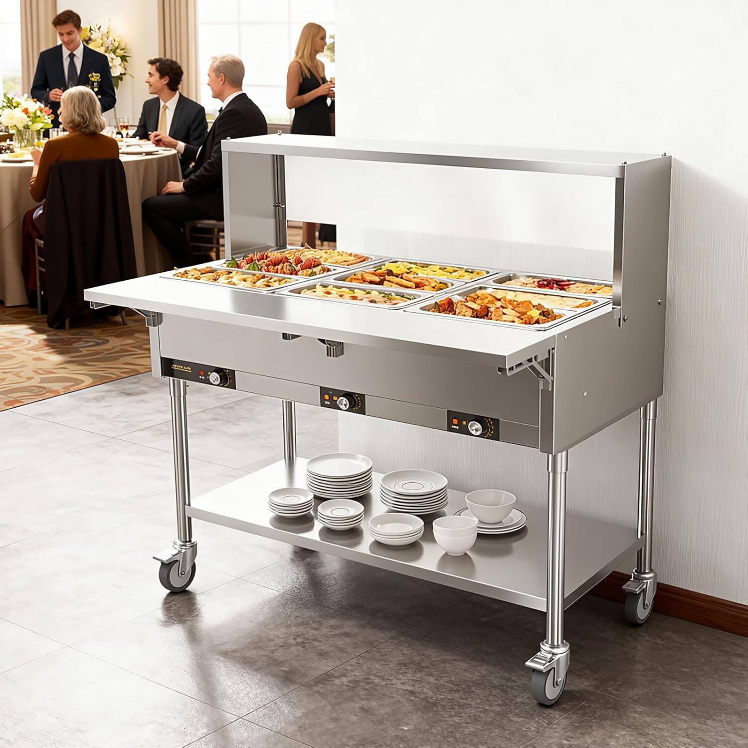 Alt View 7. Winado - 72QT 1500W Electric Commercial Food Warmer, 9-Pan Steam Table 8QT/Pan Stainless Steel Bain Marie w/Overshelf Undershelf - Silver.