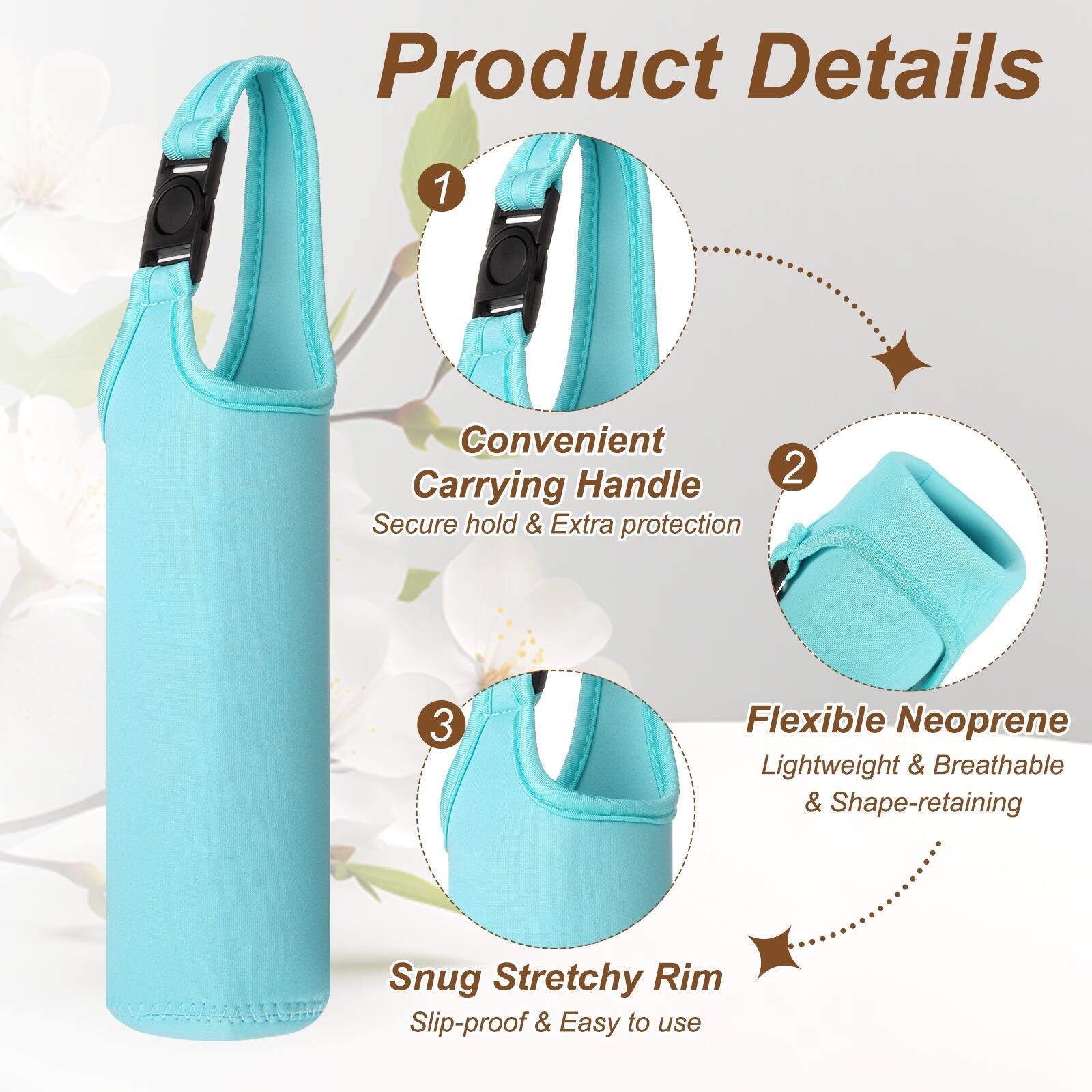 Product Details

1. Convenient Carrying Handle
   - Secure hold & Extra protection

2. Flexible Neoprene
   - Lightweight & Breathable & Shape-retaining

3. Snug Stretchy Rim
   - Slip-proof & Easy to use