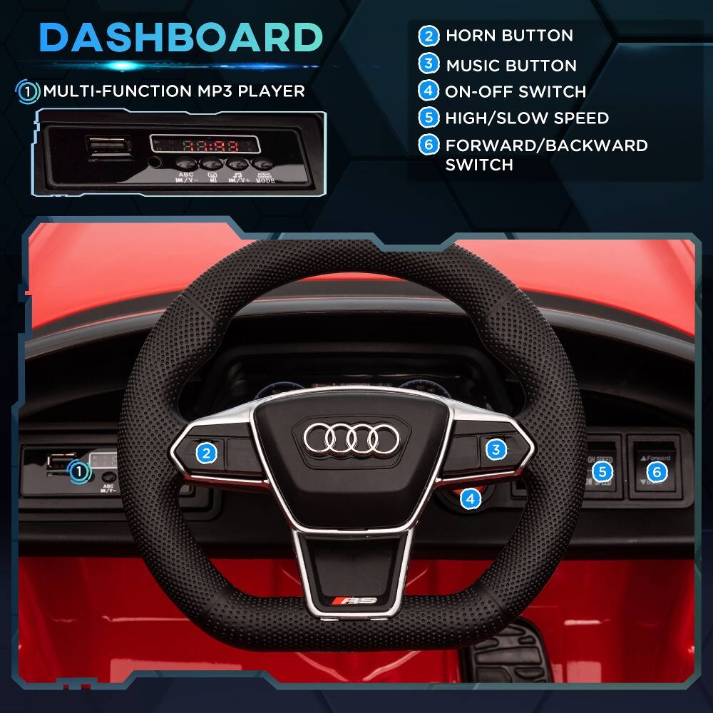 DASHBOARD

1 MULTI-FUNCTION MP3 PLAYER
2 HORN BUTTON
3 MUSIC BUTTON
4 ON-OFF SWITCH
5 HIGH/SLOW SPEED
6 FORWARD/BACKWARD SWITCH
