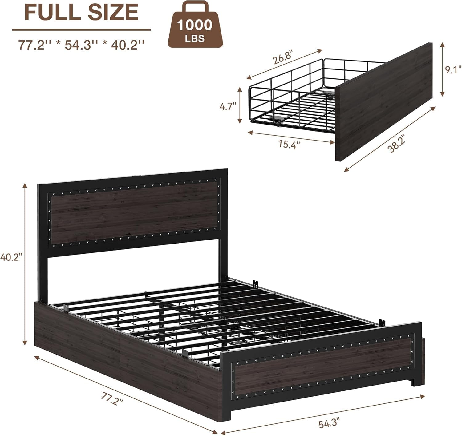 FULL SIZE  
77.2" * 54.3" * 40.2"  
1000 LBS  

26.8"  
9.1"  
4.7"  
15.4"  
38.2"