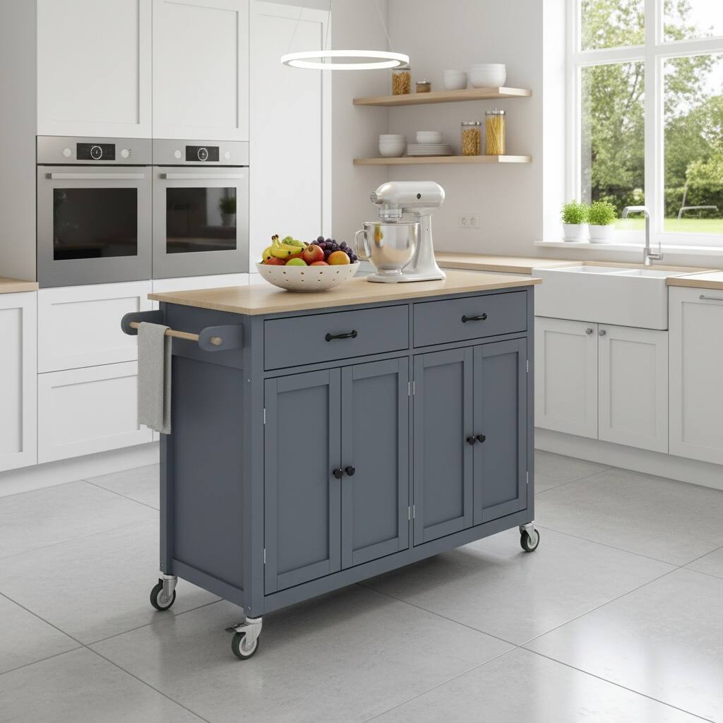 Left. Forest'nSky - 54.3" Kitchen Island Cart with Solid Wood Top – 4 Doors, 2 Drawers, Spice Rack & Towel Rack, Locking Wheels, Grey Blue - Grey Blue.