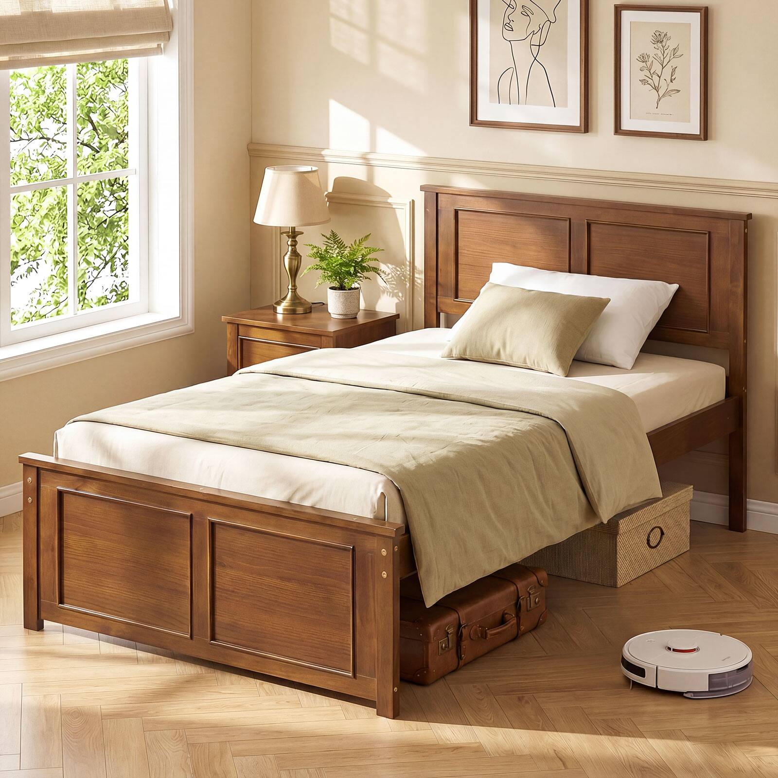 Alt View 4. Gymax - Gymax Twin Size Bed Frame Farmhouse Wooden Platform Bed w/ Headboard Walnut - Brown.