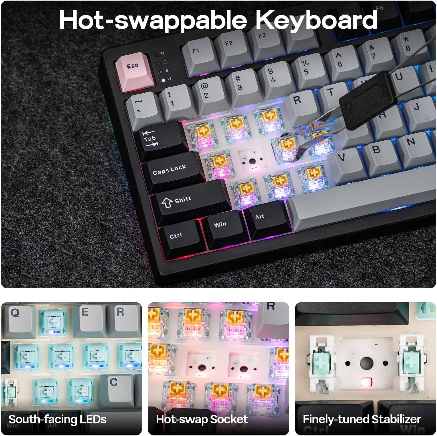 Hot-swappable Keyboard

F6 Hot-swappable Keyboard  
F3 * F2 & 8 N F1 ^ 7 C % 6 Esc 5 $ 5 W # 4 U @ 3 ! 2 T 1 R - J H1 I Tab Caps Lock V  N Shift Ctrl Win Alt Q 4 E R R C South-facing LEDs Win Aft Hot-swap Socket Finely-tuned Stabilizer Ctr! Win

South-facing LEDs  
Hot-swap Socket  
Finely-tuned Stabilizer