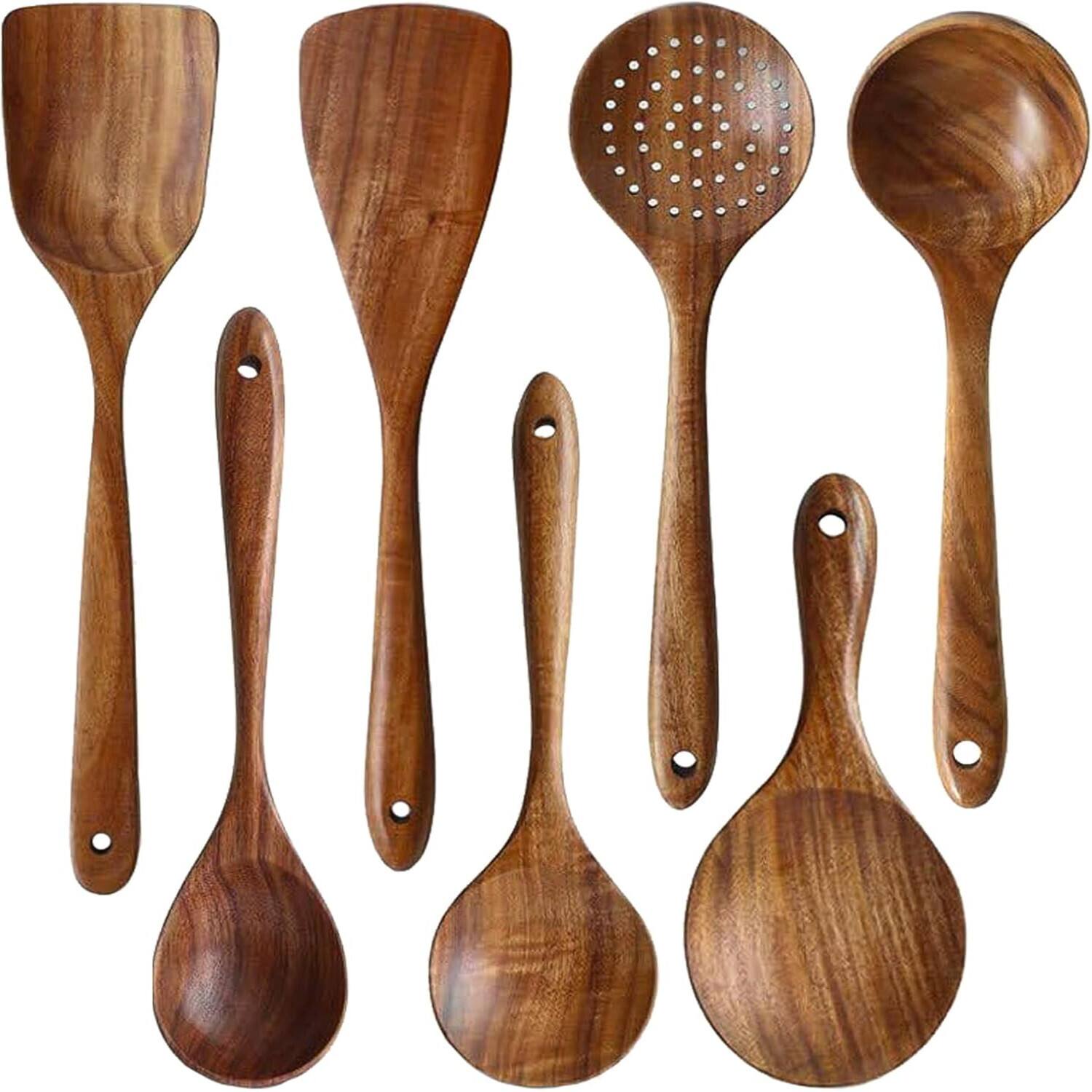 Giantpower - Natural Teak Non-Stick Wooden Spoons & Kitchen Utensils set of 7 - Brown