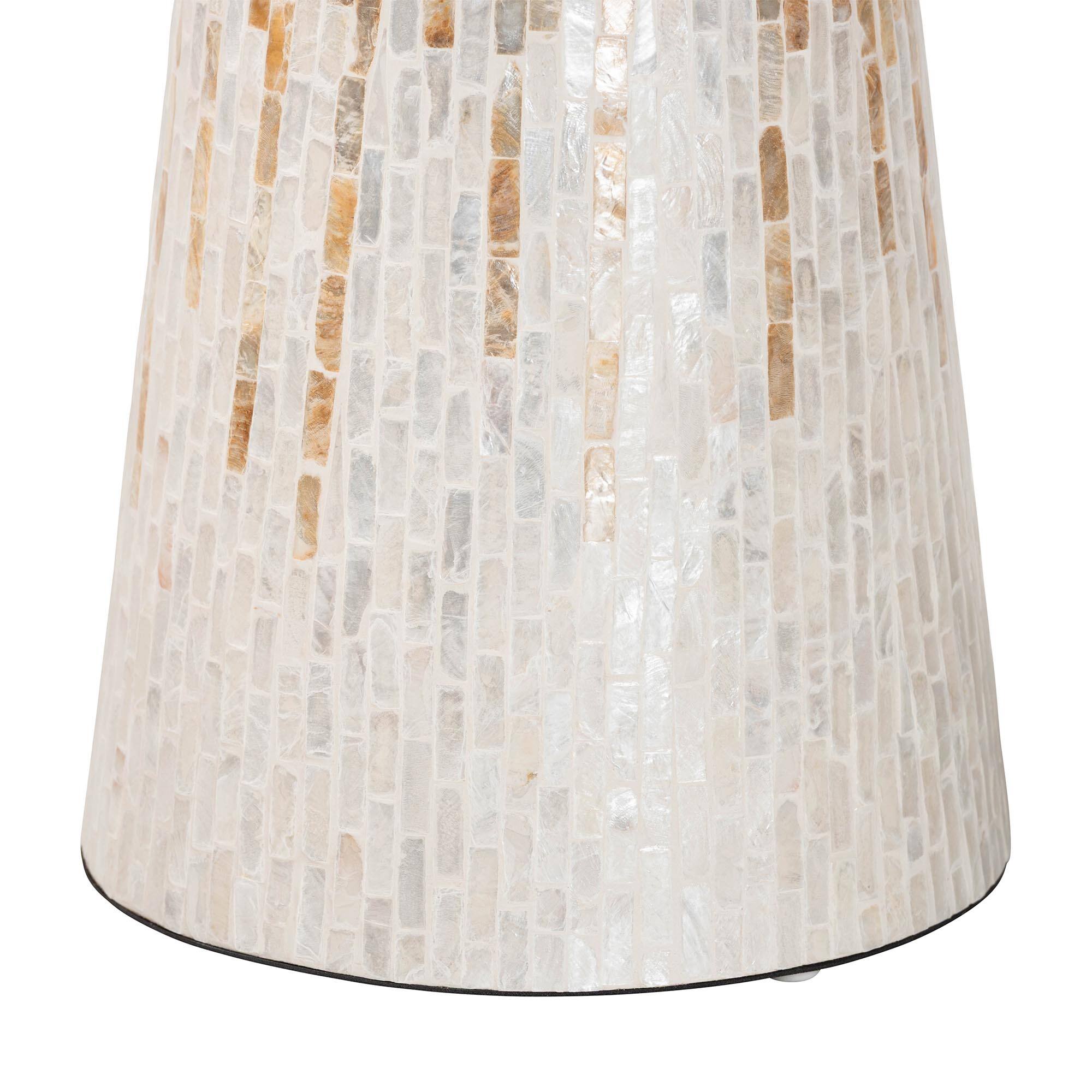 Back. bali & pari - Beile Capiz Shell Pedestal End Table - Mother of Pearl Scalloped Accent Table with Textured Inlay Surface - White/Champagne Beige.