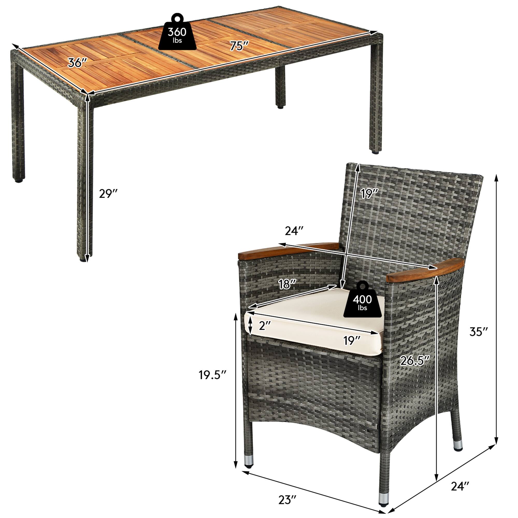 36" x 75" table, 360 lbs weight capacity  
29" height  
19.5" depth  

19" x 24" chair seat  
18" back height  
2" seat cushion  
19" armrest width  
26.5" back height  
35" overall height  
23" depth  
24" width