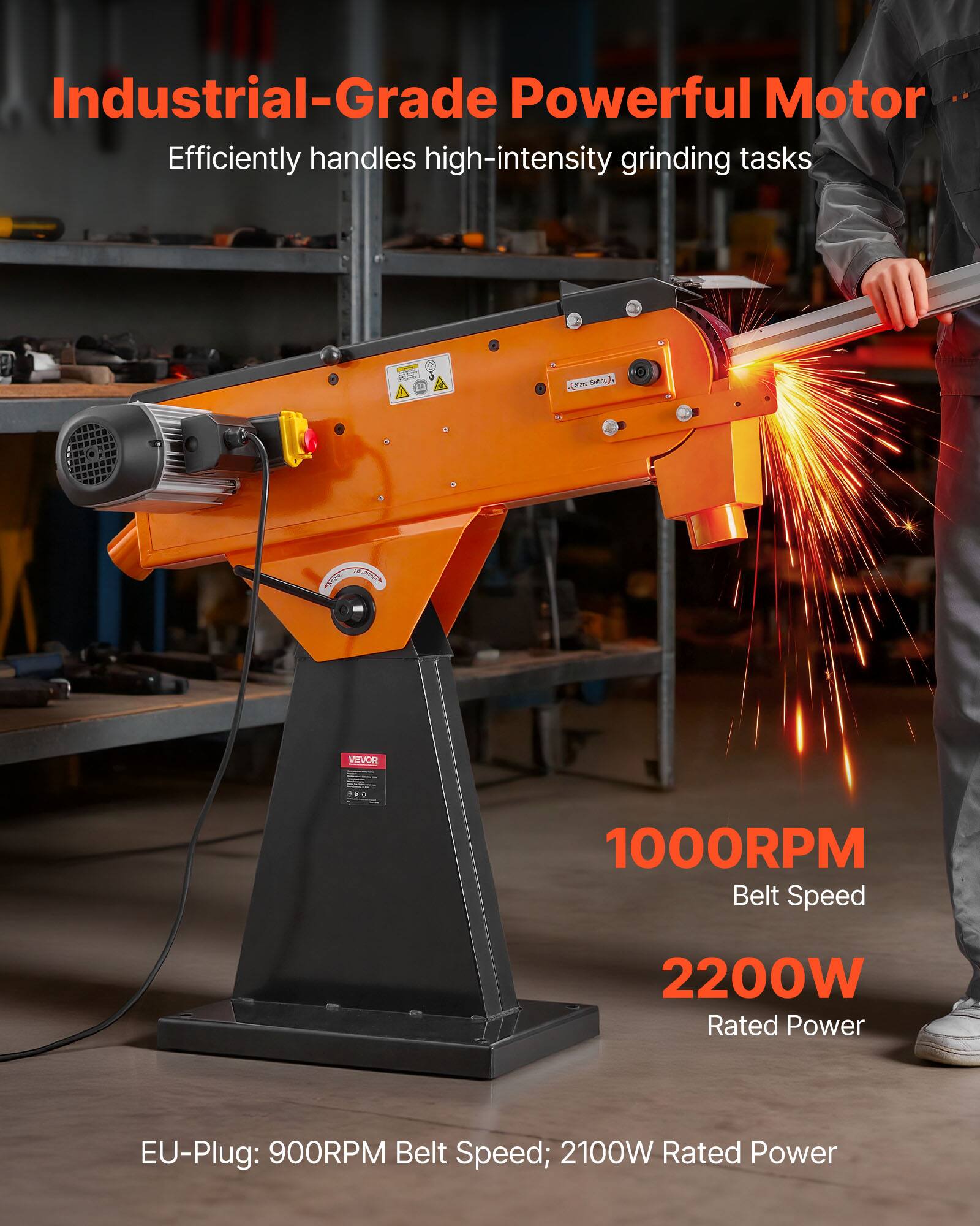 Industrial-Grade Powerful Motor  
Efficiently handles high-intensity grinding tasks

1000RPM Belt Speed  
2200W Rated Power

EU-Plug: 900RPM Belt Speed; 2100W Rated Power