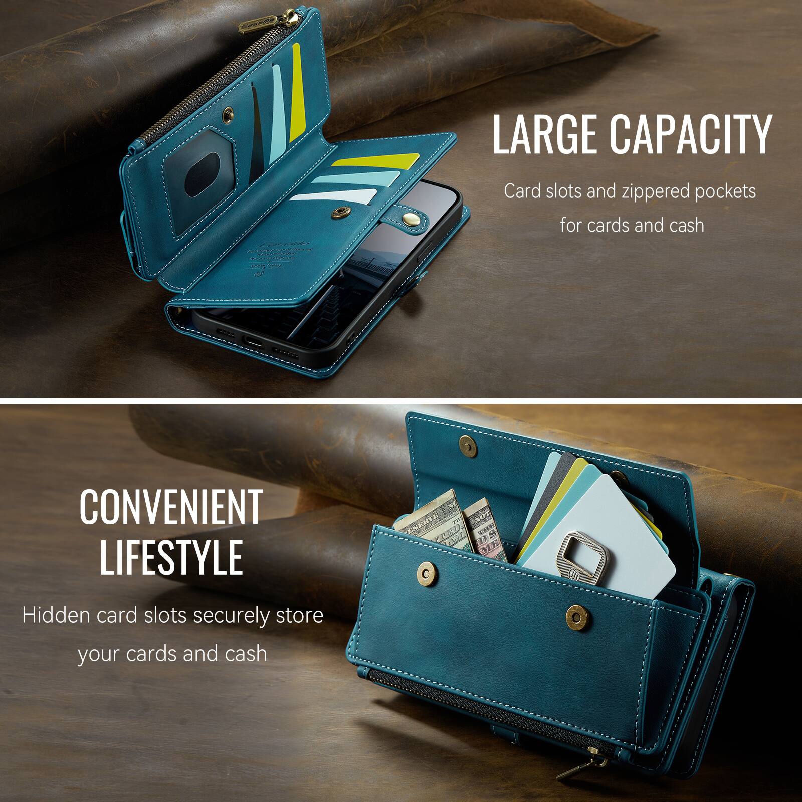 LARGE CAPACITY  
Card slots and zippered pockets for cards and cash

CONVENIENT LIFESTYLE  
Hidden card slots securely store your cards and cash