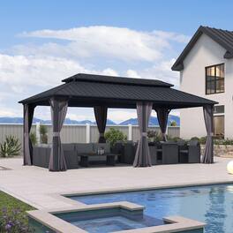 PURPLE LEAF - Outdoor Aluminum Hardtop Gazebo with Galvanized Steel Double Roof for Patio Deck with Netting and Curtains - 10' X 20'