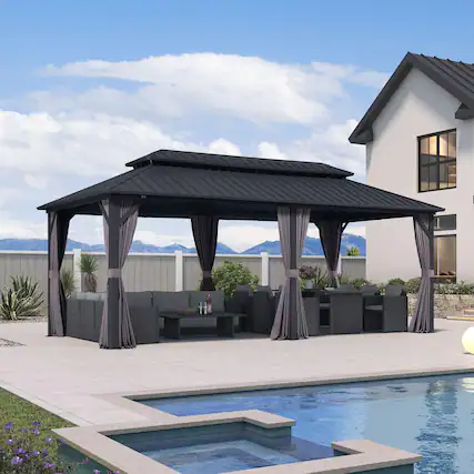 Front. PURPLE LEAF - 10' X 20' Outdoor Aluminum Hardtop Gazebo with Galvanized Steel Double Roof for Patio Deck with Netting and Curtains - 10' X 20'.