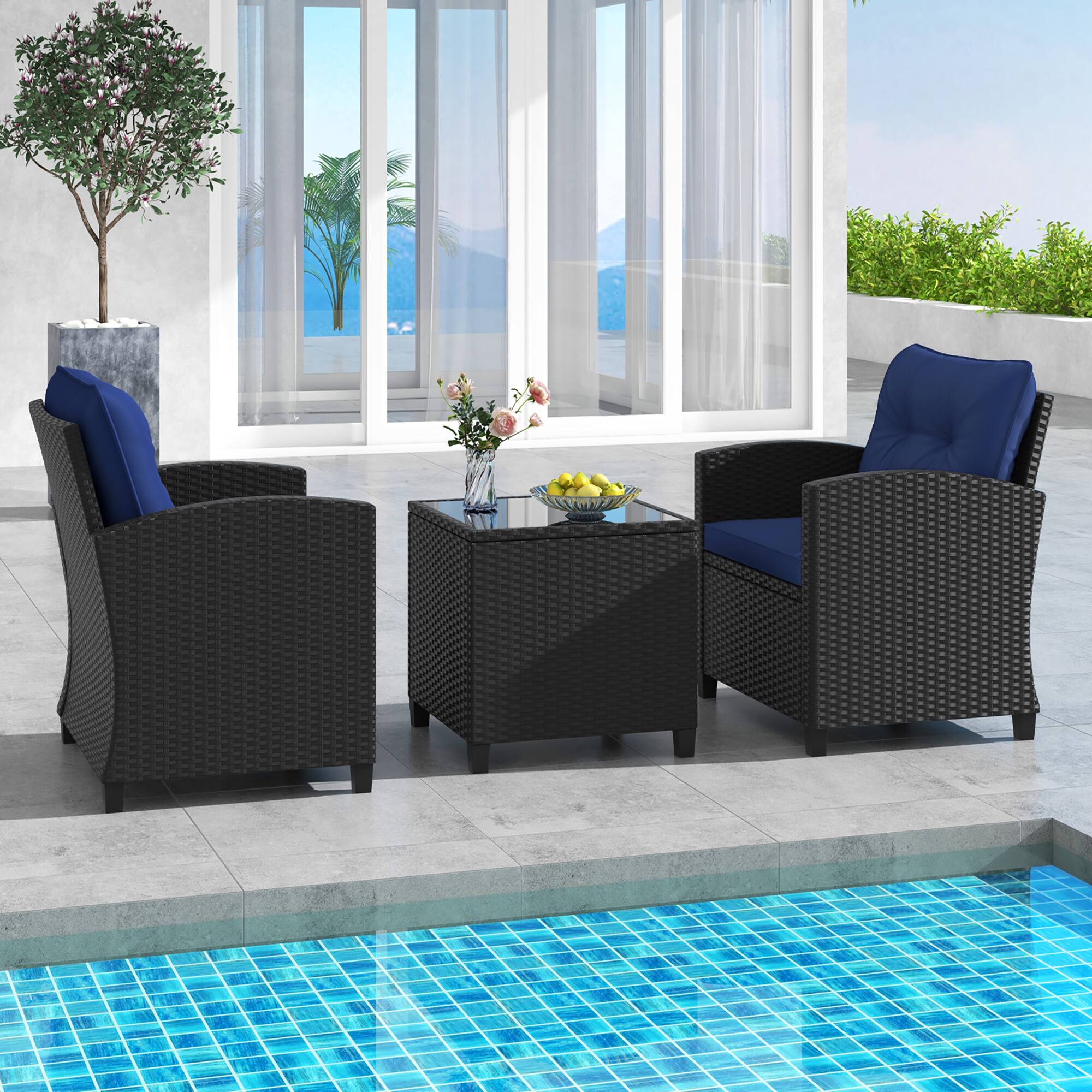 Alt View 4. Gymax - Gymax 3 PCS Patio Furniture Set w/Tempered Glass Coffee Table Washable Cushions Navy - Navy.