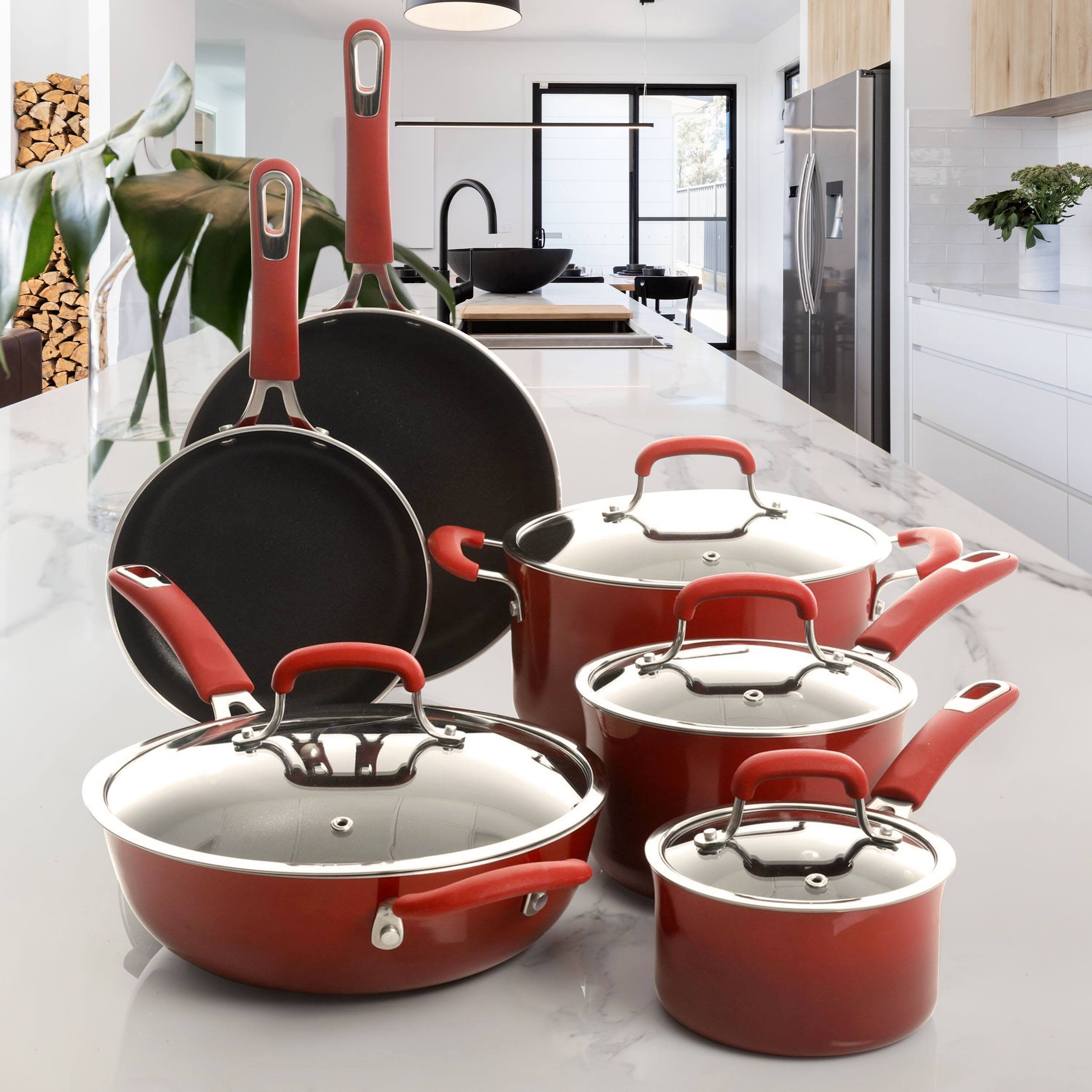 Alt View 3. Kenmore - Kenmore Elite Andover 10 Piece Nonstick Aluminum Cookware Set in Red Gradient - Red Gradient.