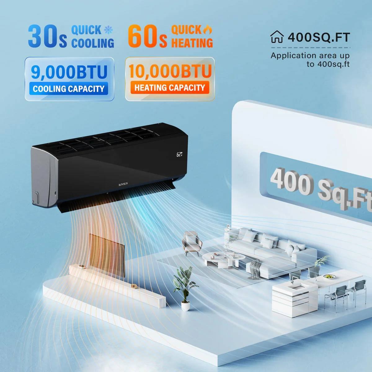 - QUICK 30s COOLING
- 9,000BTU COOLING CAPACITY
- QUICK 60s HEATING
- 10,000BTU HEATING CAPACITY
- 400SQ.FT Application area up to 400sq.ft