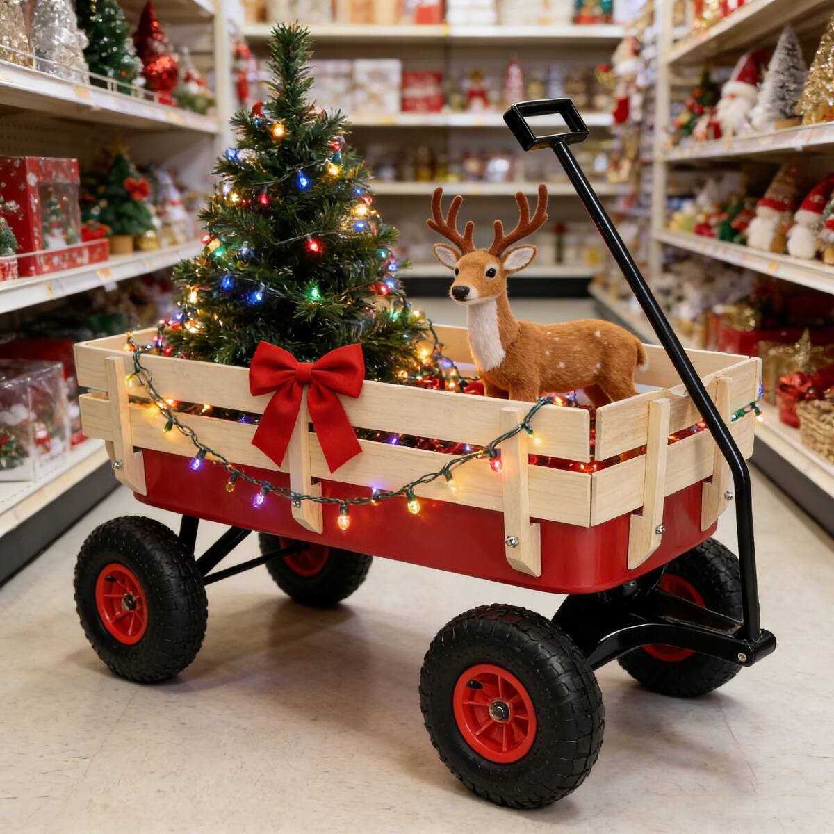 Angle. Loheer - Loheer Garden Wagon Cart with Removable Wood Sides, Air Tires and Adjustable Handle, Red.