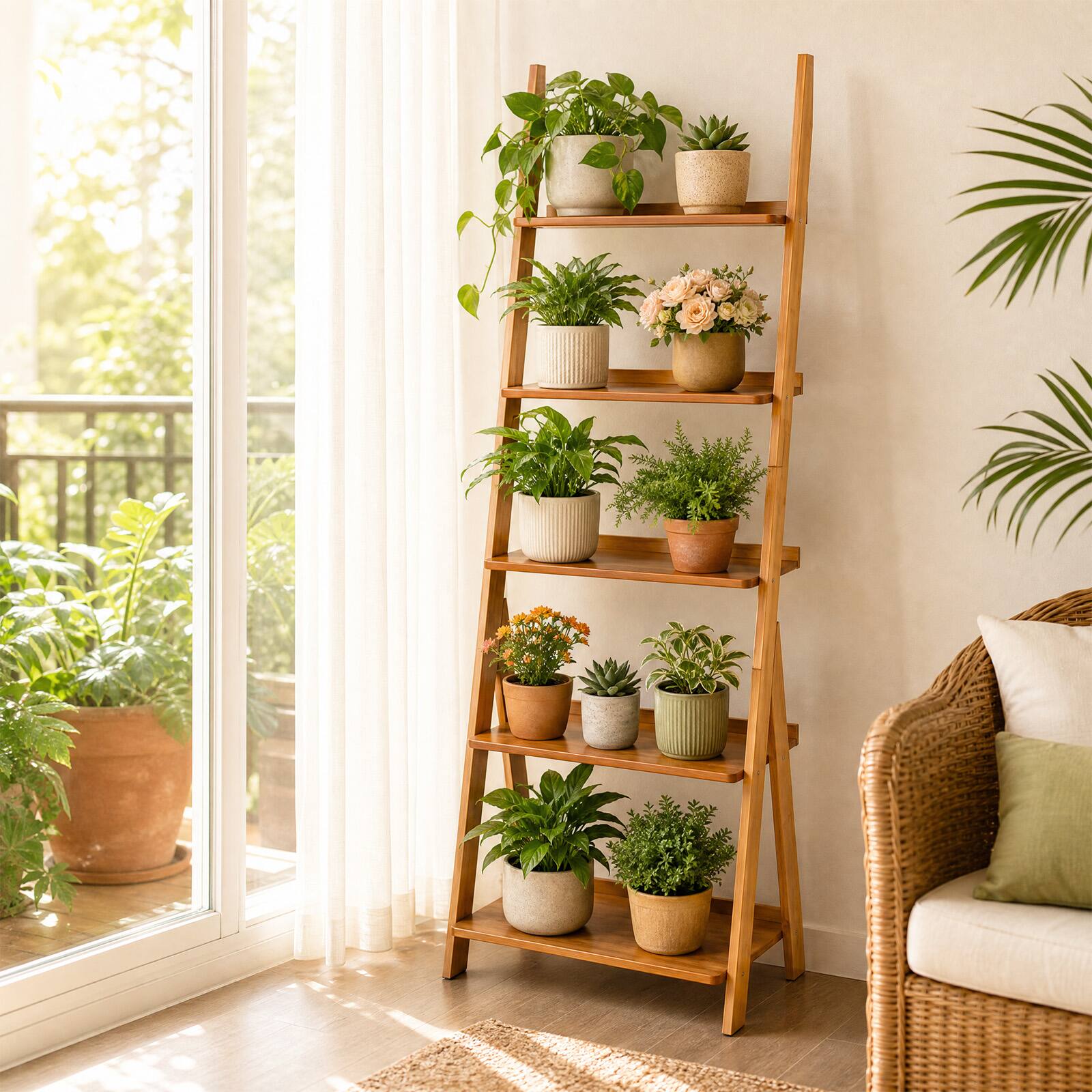 Alt View 5. Costway - Costway 5-Tier Bamboo Ladder Shelf Bookshelf Display Storage Rack Flower Stand - Natural.