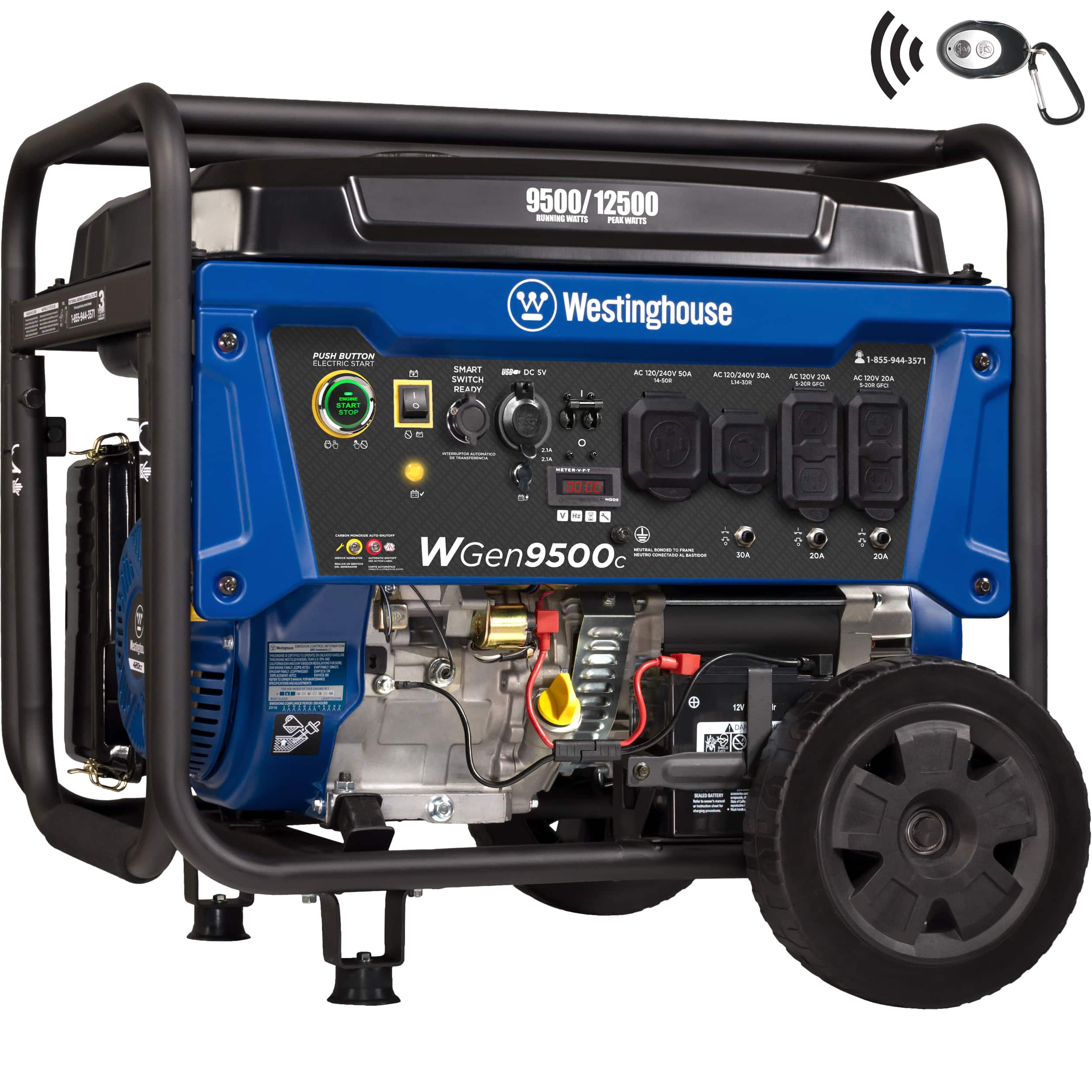 Westinghouse - 12,500/9,500-Watt Gas Powered Portable Generator with Remote Electric Start, 50 Amp Outlet - Blue