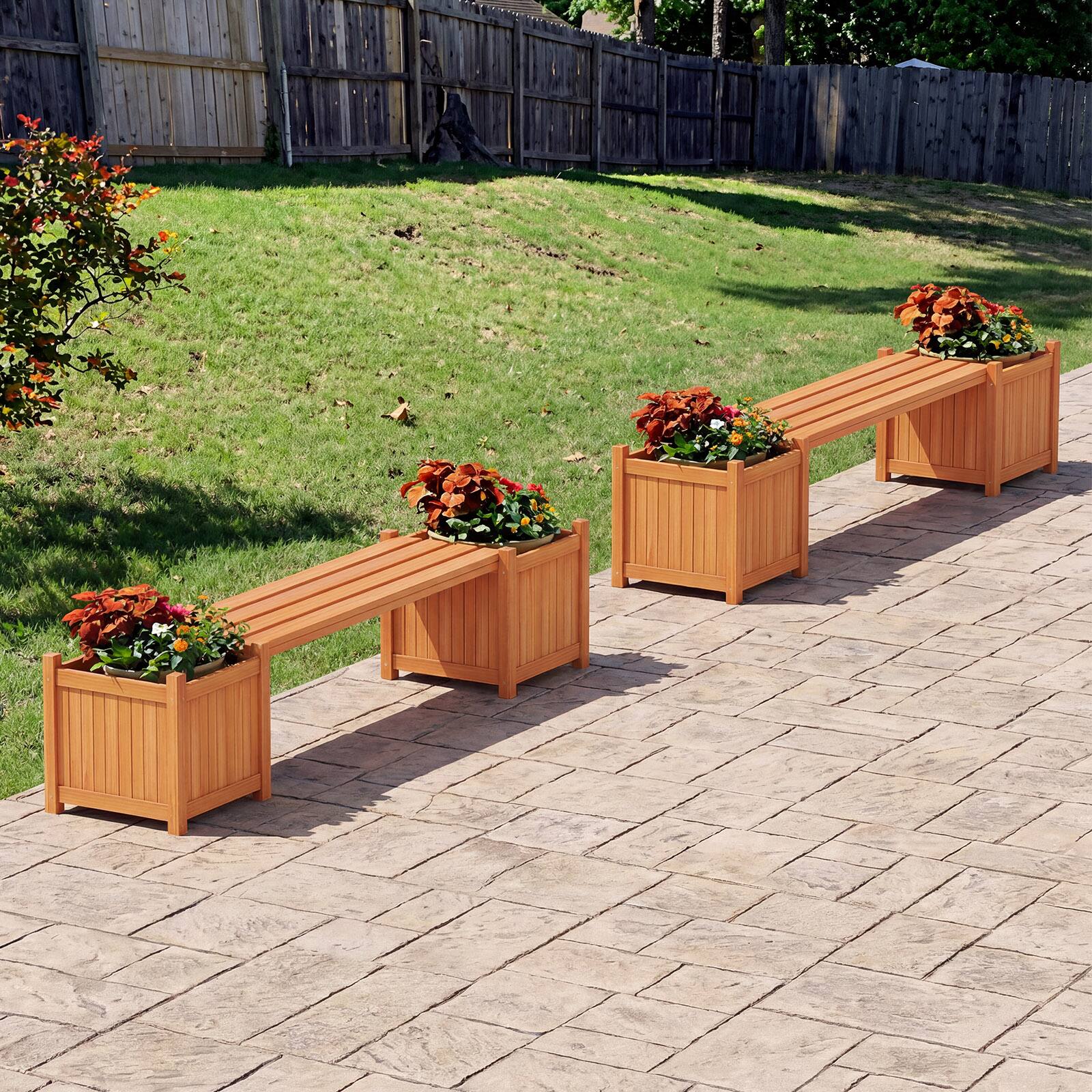 Alt View 3. Gymax - Gymax Wood Wooden Planter Box w/ Seat 2-in-1 Raised Garden Bed & Bench Outdoor - Natural.