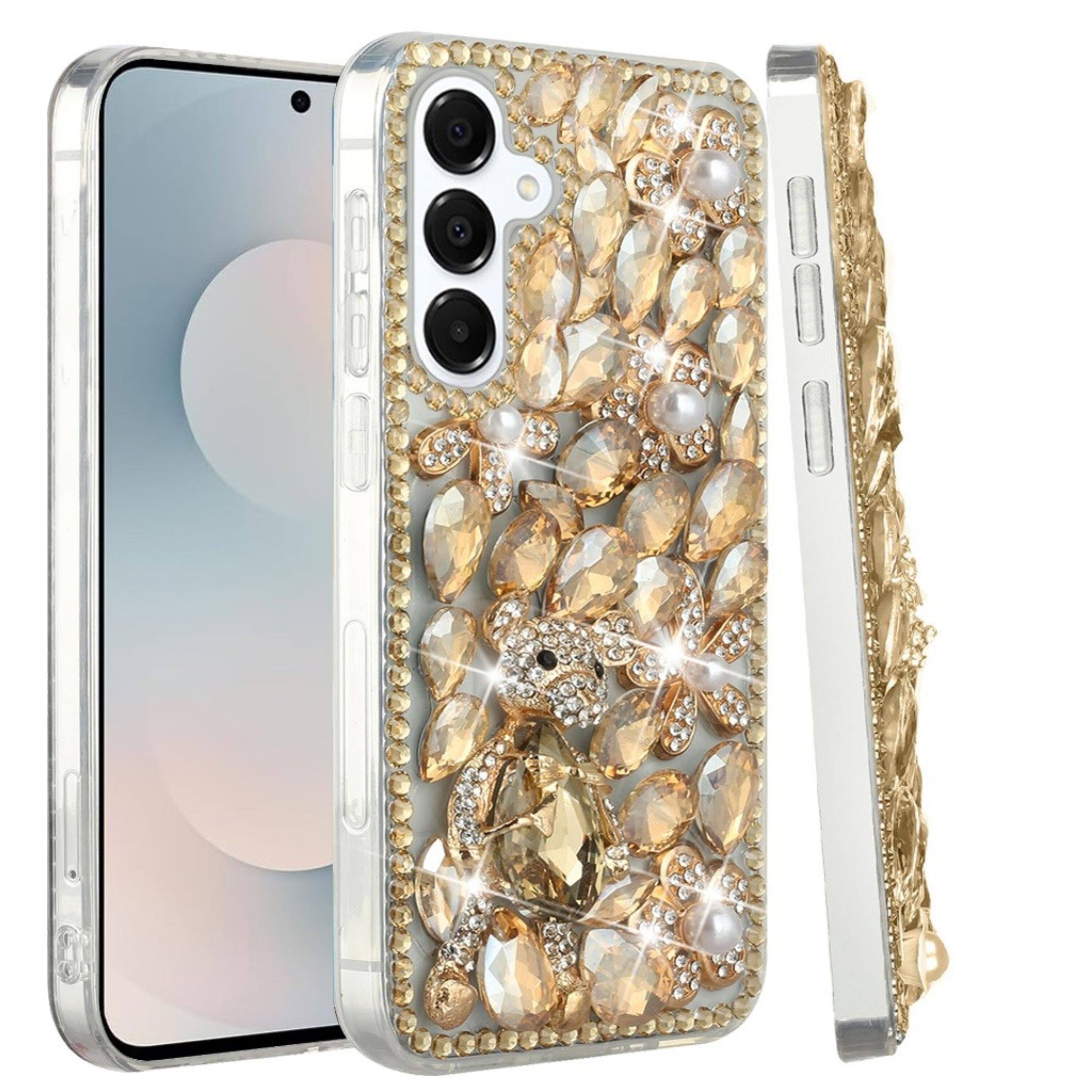 Left. Kitcheniva - Full Diamond Bling 3D Jewel Ornaments Plus Tempered Glass For Samsung S25 FE Gold Panda Floral - Multicolor.