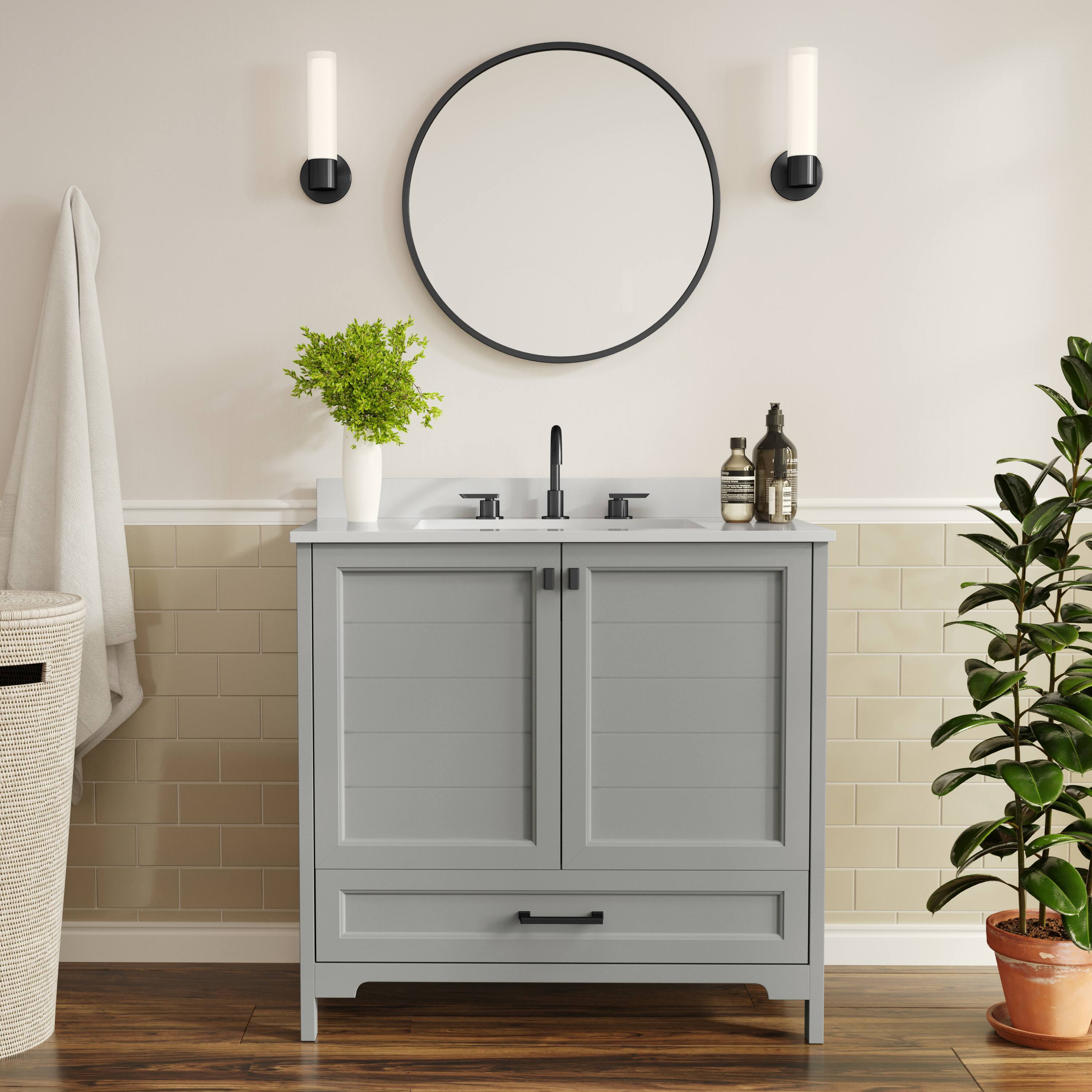 Alt View 1. Flash Furniture - Haven 36" Bathroom Vanity with Sink, Storage Cabinet with Black Hardware, Soft Close Doors and Bottom Drawer, Carrara Ma - Gray.