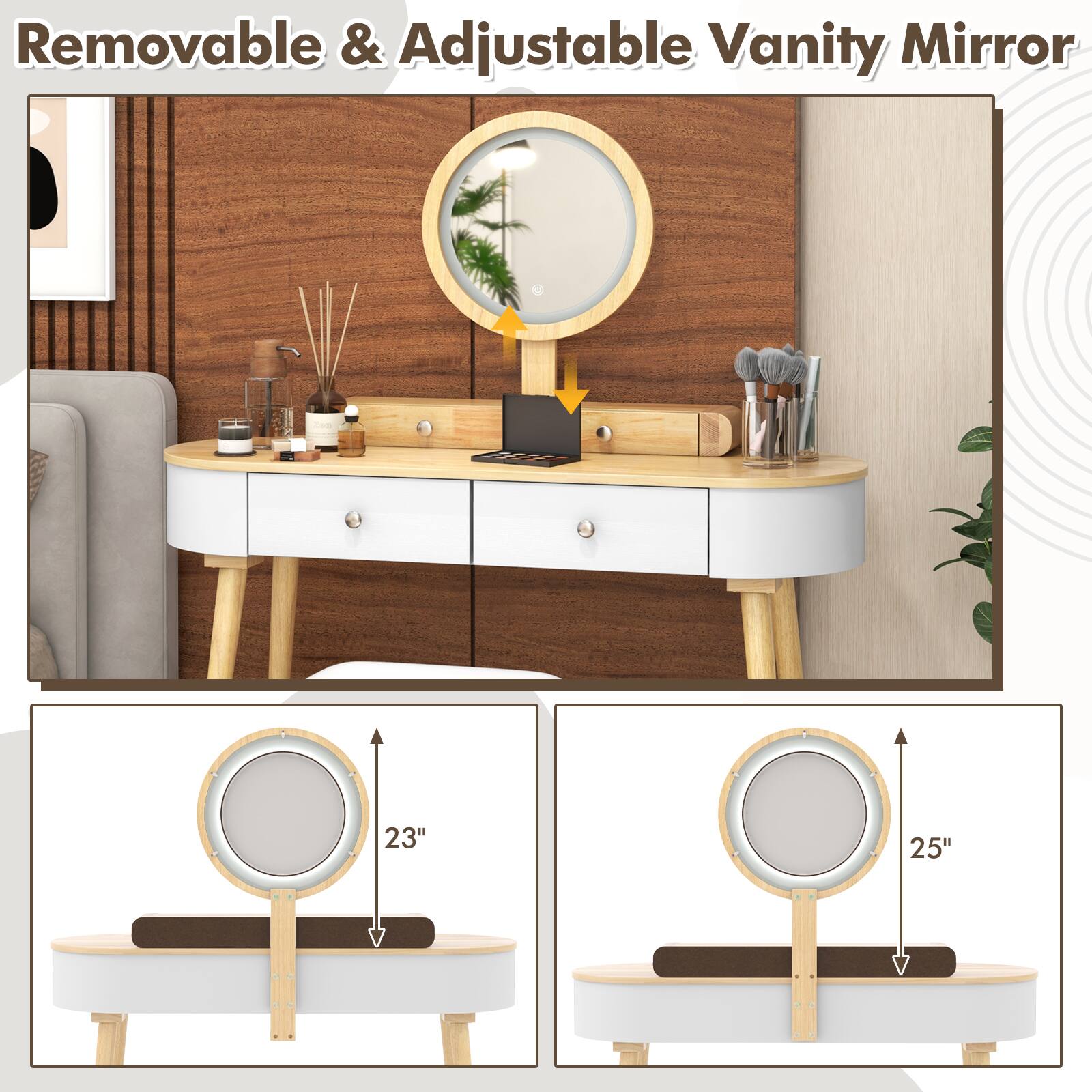 Removable & Adjustable Vanity Mirror 23" 25"