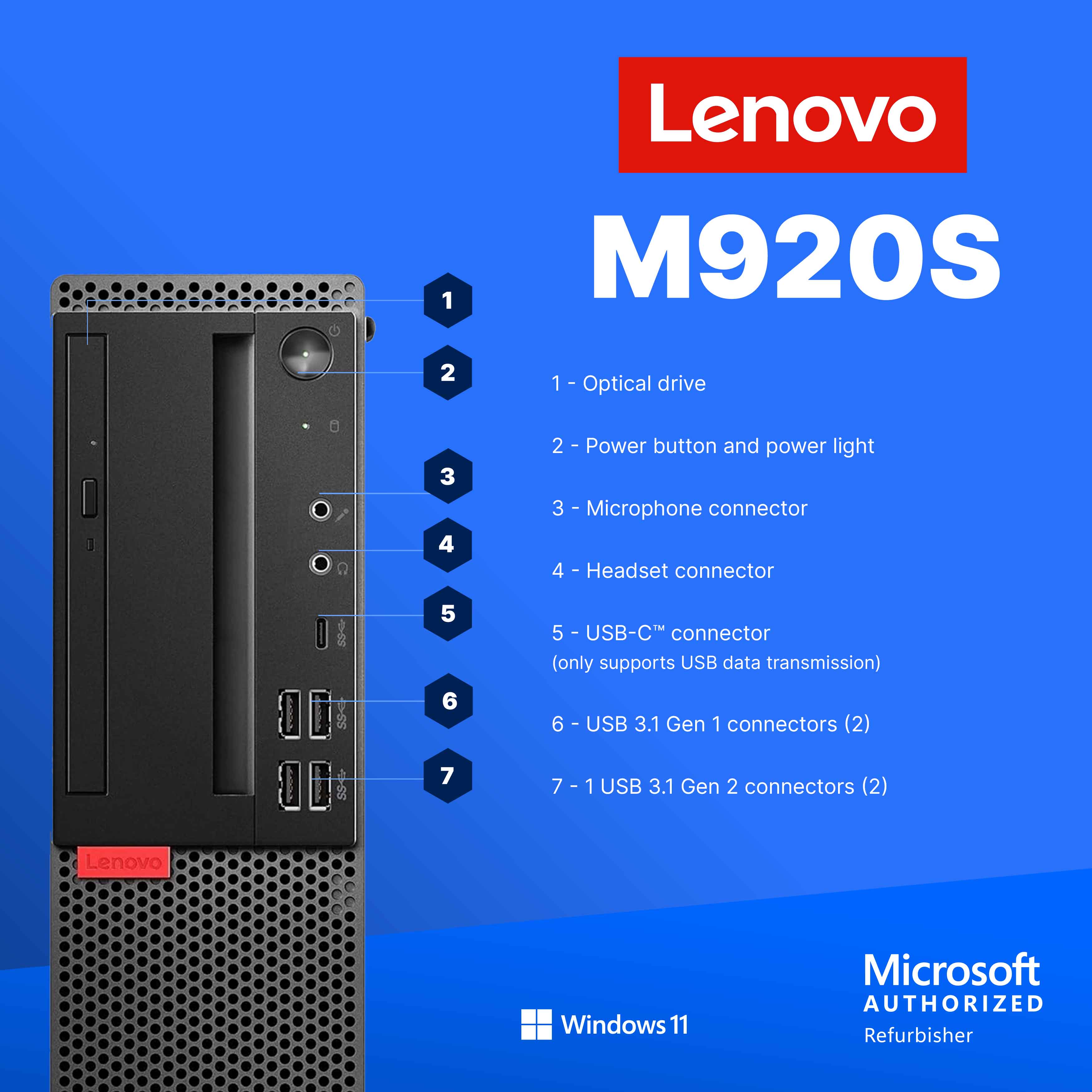 1. Lenovo M920S  
2. Optical drive  
3. Power button and power light  
4. Microphone connector  
5. Headset connector  
6. USB-C™ connector (only supports USB data transmission)  
7. USB 3.1 Gen 1 connectors (2)  
8. USB 3.1 Gen 2 connectors (2)  

Lenovo  
Microsoft AUTHORIZED Refurbisher  
Windows 11