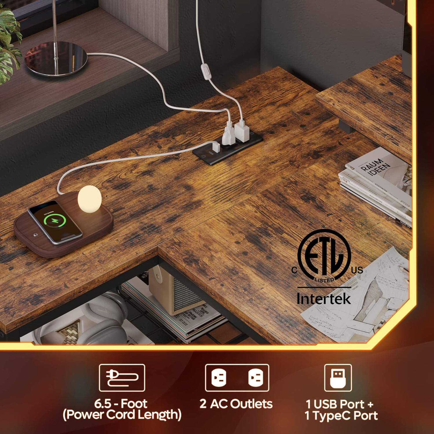 The text on the image reads: "RAUM IDEEN +  P 1  ETL US LISTED Intertek 6.5 6.5 -Foot - (Power Cord Length) 2 AC Outlets 1 USB Port + 1 ypC Port."