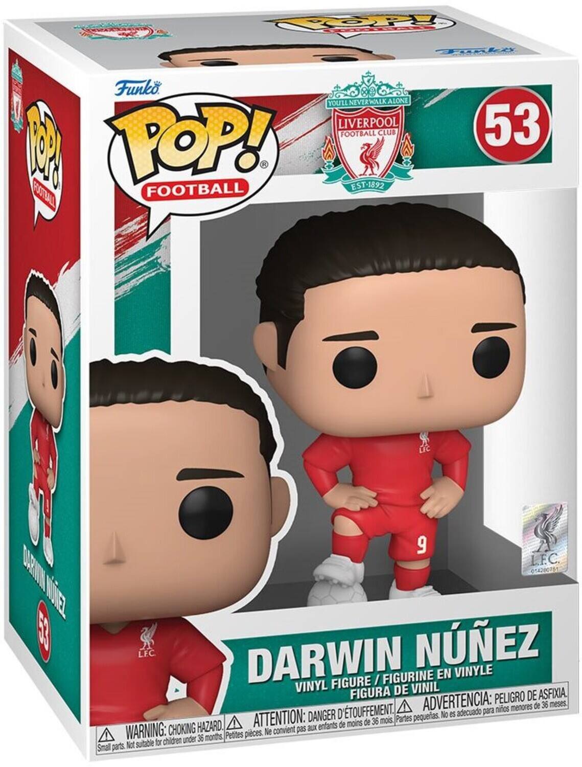 Sure, here is the corrected and grouped text from the image:

---

**Top Left:**
- Funko
- POP! FOOTBALL

**Top Center:**
- YOU'LL NEVER WALK ALONE
- LIVERPOOL FOOTBALL CLUB
- EST 1892

**Top Right:**
- 53

**Center:**
- DARWIN NÚÑEZ
- VINYL FIGURE / FIGURINE EN VINYLE / FIGURA DE VINIL

**Bottom Left:**
- WARNING: CHOKING HAZARD
- Small parts. Not suitable for children under 36 months.

**Bottom Center:**
- ATTENTION: DANGER D'ÉTOUFFEMENT
- Ne convient pas aux enfants de moins de 36 mois.

**Bottom Right:**
- ADVERTENCIA: PELIGRO DE ASFIXIA
- No es adecuado para niños menores de 36 meses.

**Bottom:**
- LFC
- 014200751

**Side:**
- LFC
- 014200751

---