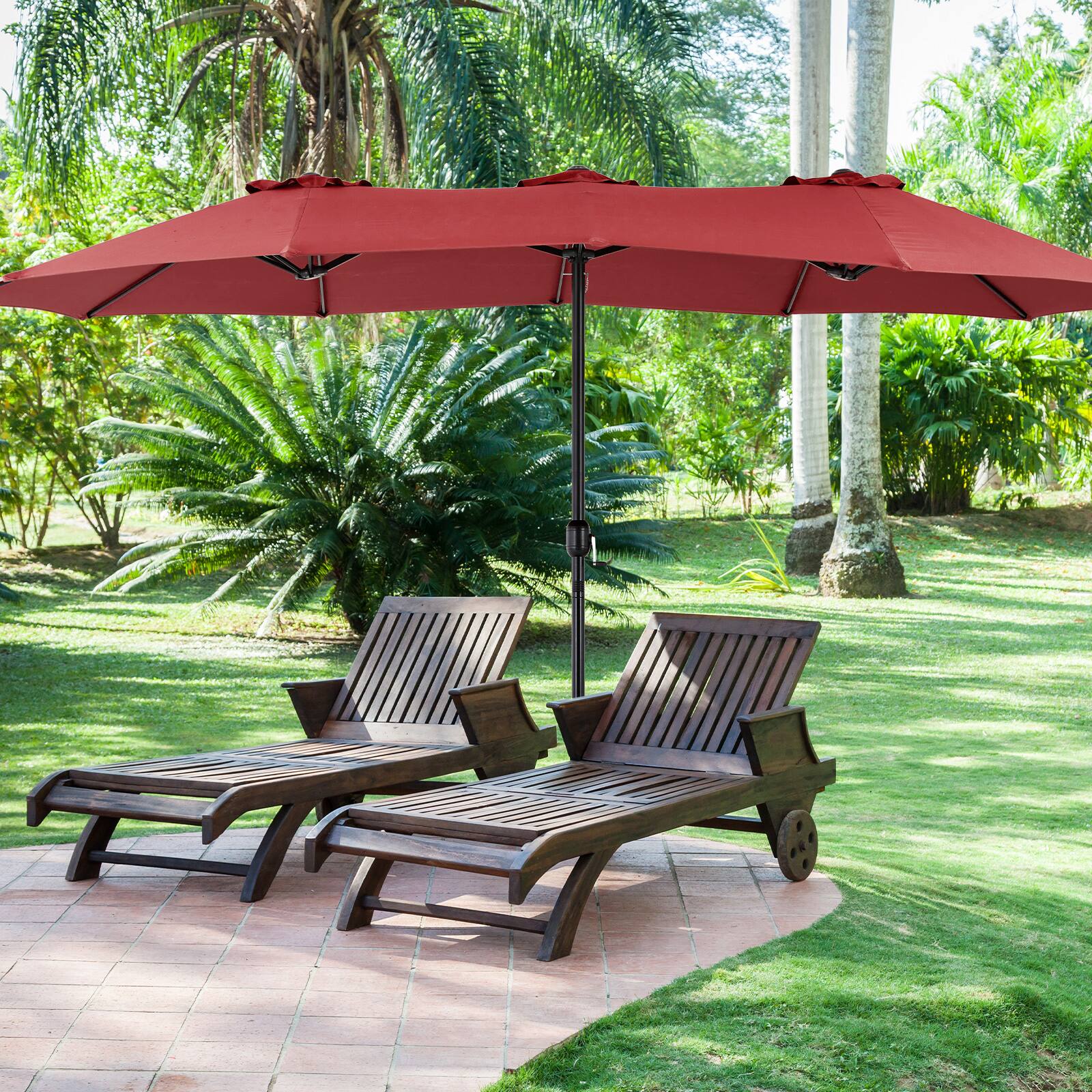 Back. AENKYO - 15ft Large Patio Umbrella Rectangle Table Umbrella Outdoor Patio, Outside Umbrellas for Backyard - Red.