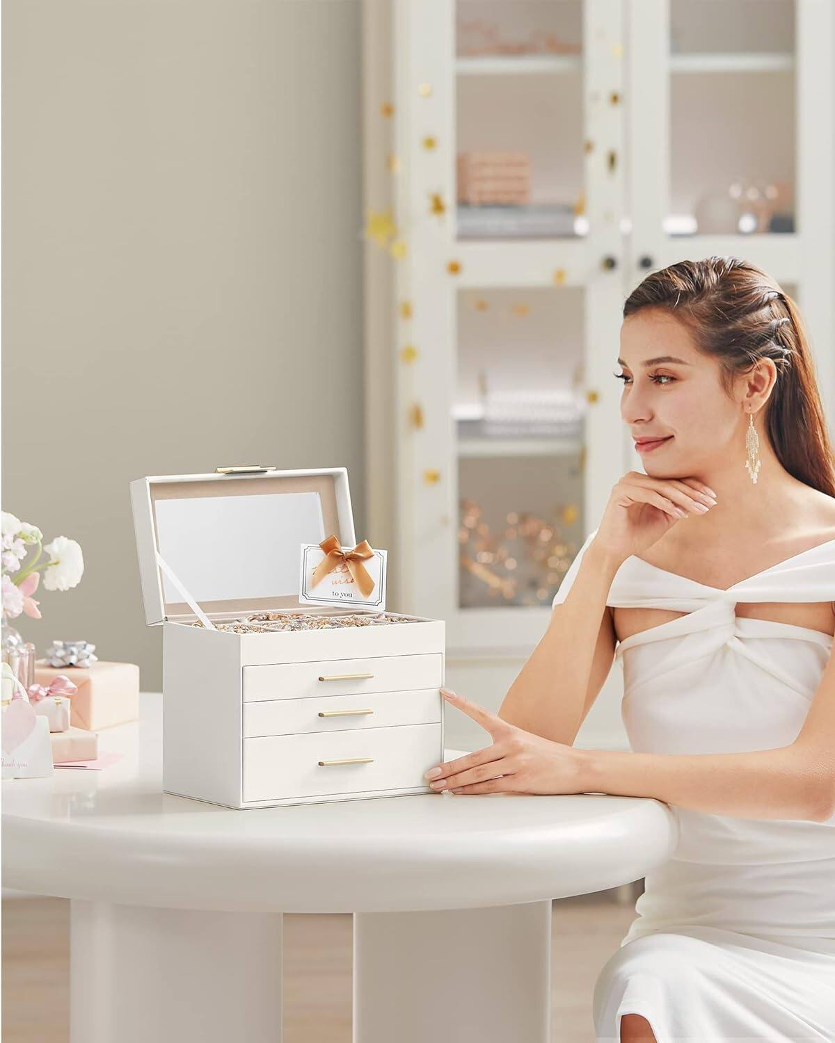 Alt View 3. Songmics Home - 4-Layer Jewelry Box Organizer with Glass Lid – Cloud White and Gold - White.