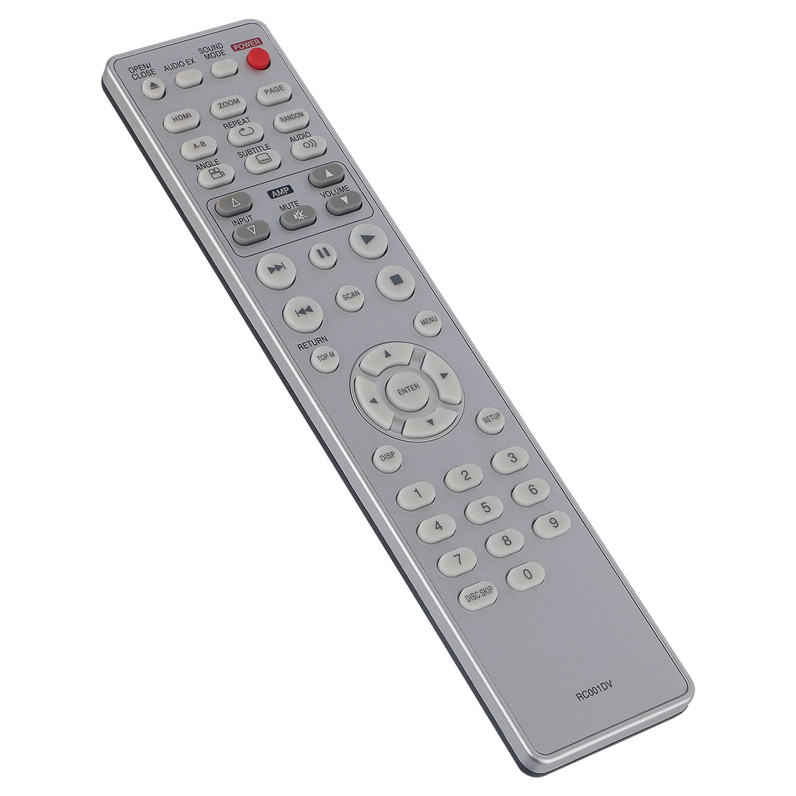 Sure, here is the corrected and grouped text from the image:

- OPEN CLOSE
- SOUND MODE
- POWER
- AUDIO EX
- ZOOM
- PAGE
- HDMI
- REPEAT
- RANDOM
- A-B
- SUBTITLE
- ANGLE
- AUDIO
- AMP
- VOLUME
- MUTE
- INPUT
- NEWS
- RETURN
- ENTER
- SETUP
- DISP
- DISC SKIP
- RC001DV