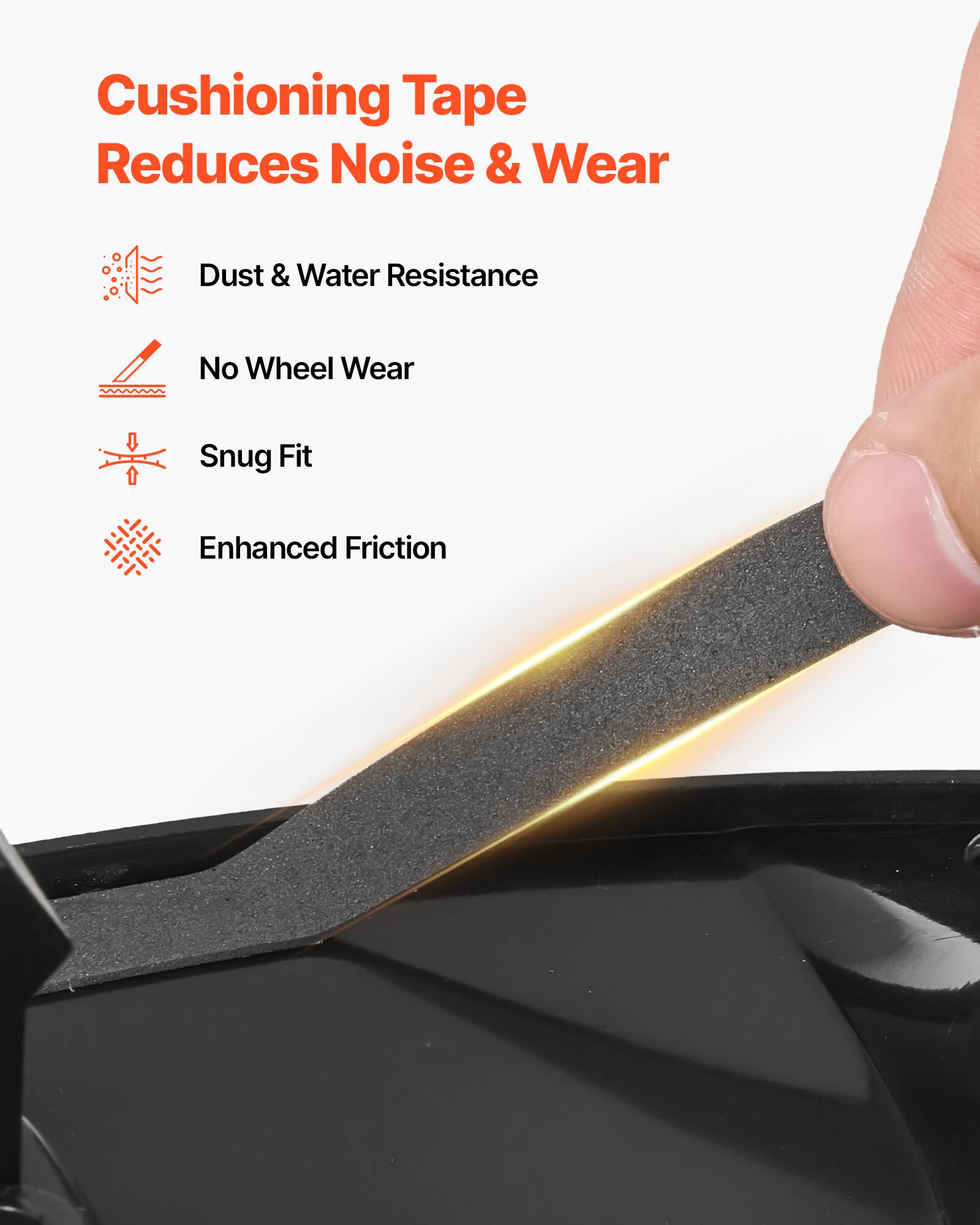 Cushioning Tape Reduces Noise & Wear

- Dust & Water Resistance
- No Wheel Wear
- Snug Fit
- Enhanced Friction