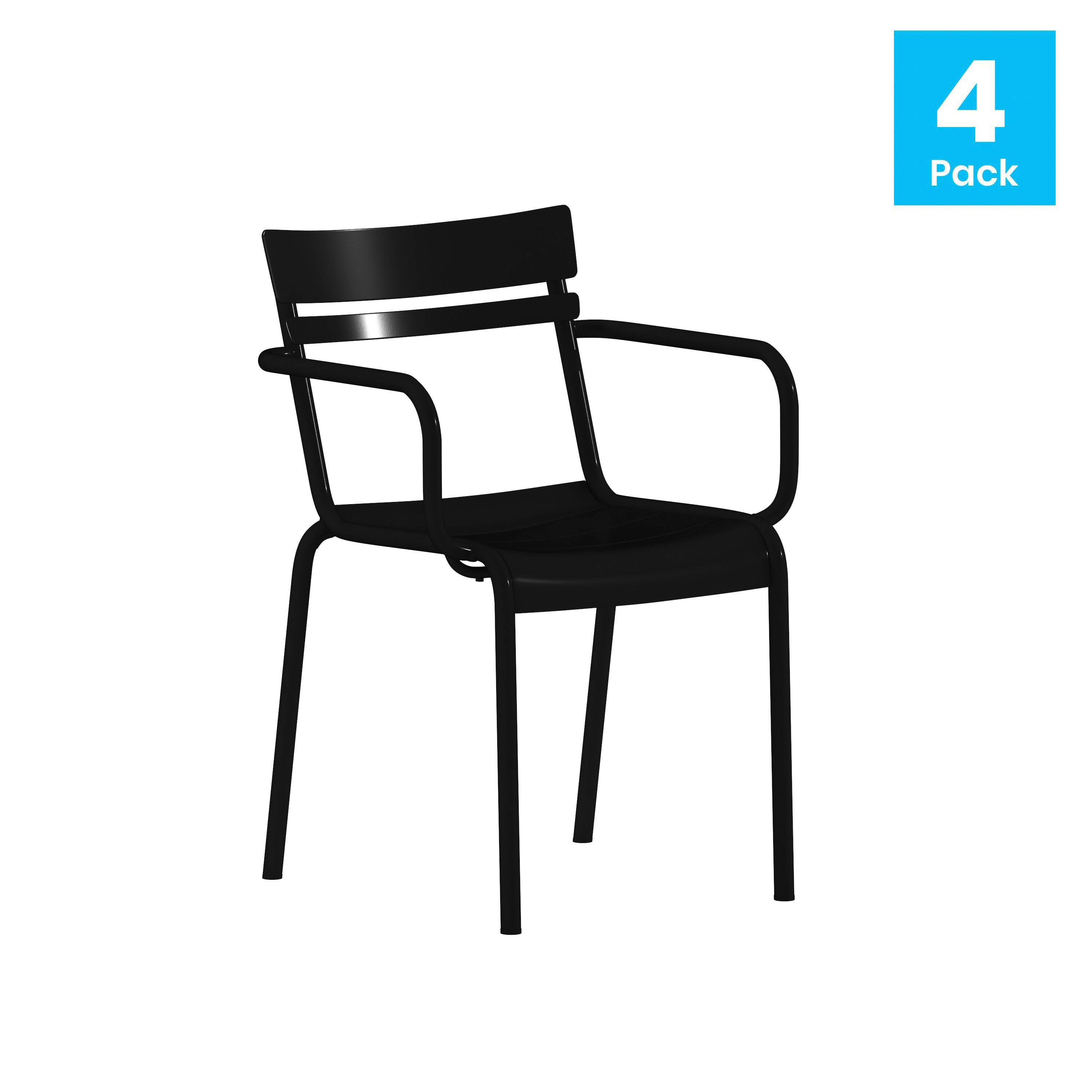 Alt View 2. Emma + Oliver - Rennes Powder Coated Steel Stacking Dining Chair with Arms and 2 Slat Back for Indoor-Outdoor Use - Black.