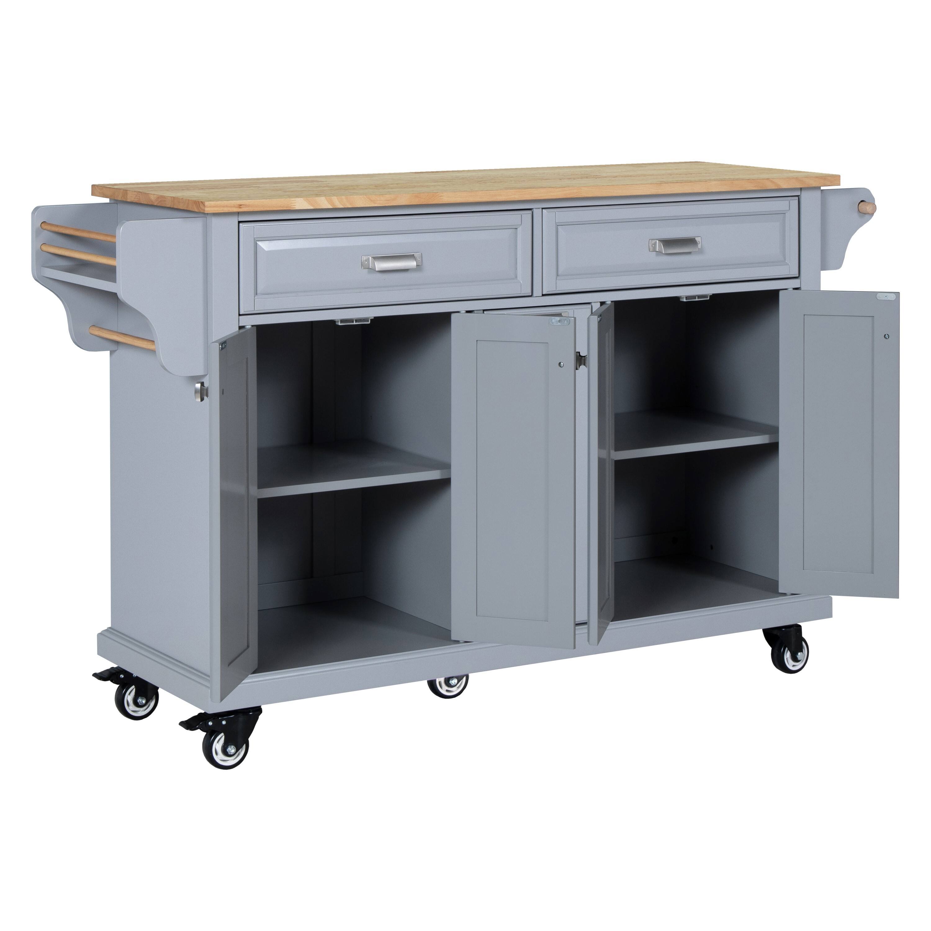 Alt View 4. Spaco - Spaco Kitchen Island Cart with Rubber Wood Top, 5 Wheels, Storage Cabinet,2 Storage Drawer for Dining Room Kitchen - Grey.