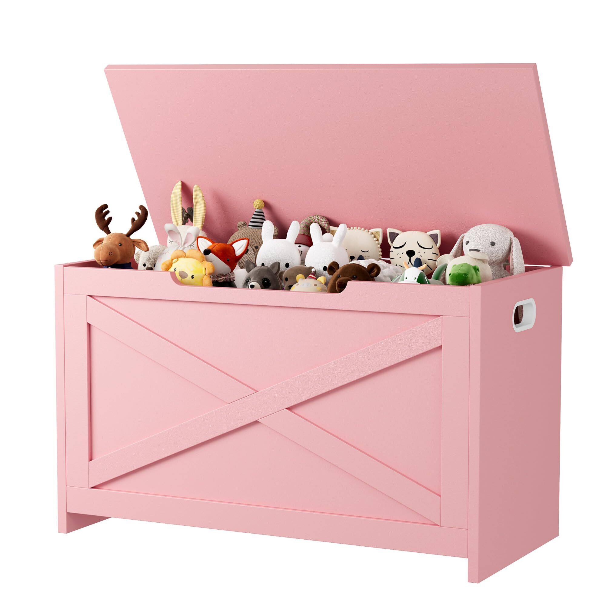 Front. Acekool - 30 in Storage Chest, Wooden Storage Bench with Safety Hinge - Pink.