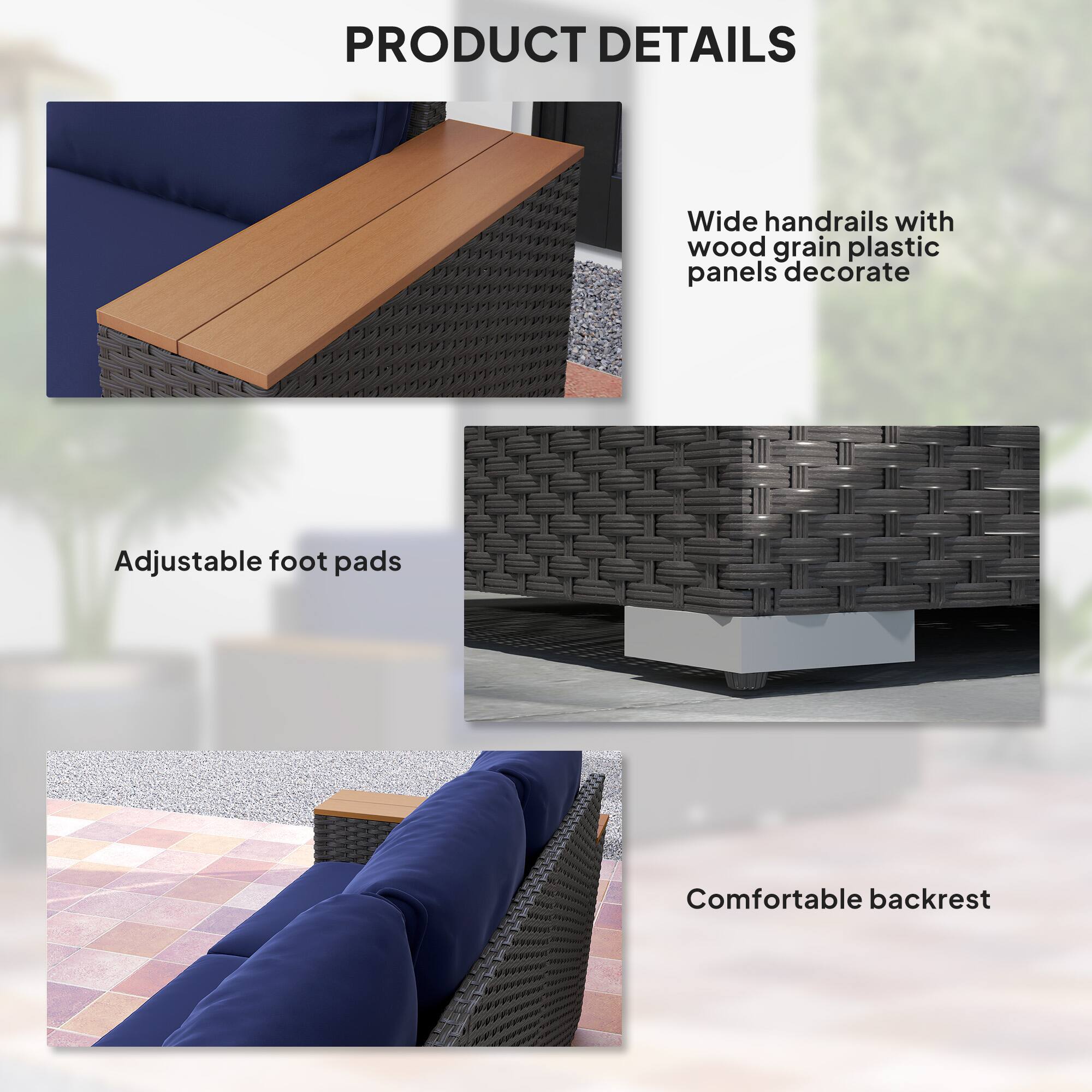 PRODUCT DETAILS

Wide handrails with wood grain plastic panels decorate

Adjustable foot pads

Comfortable backrest