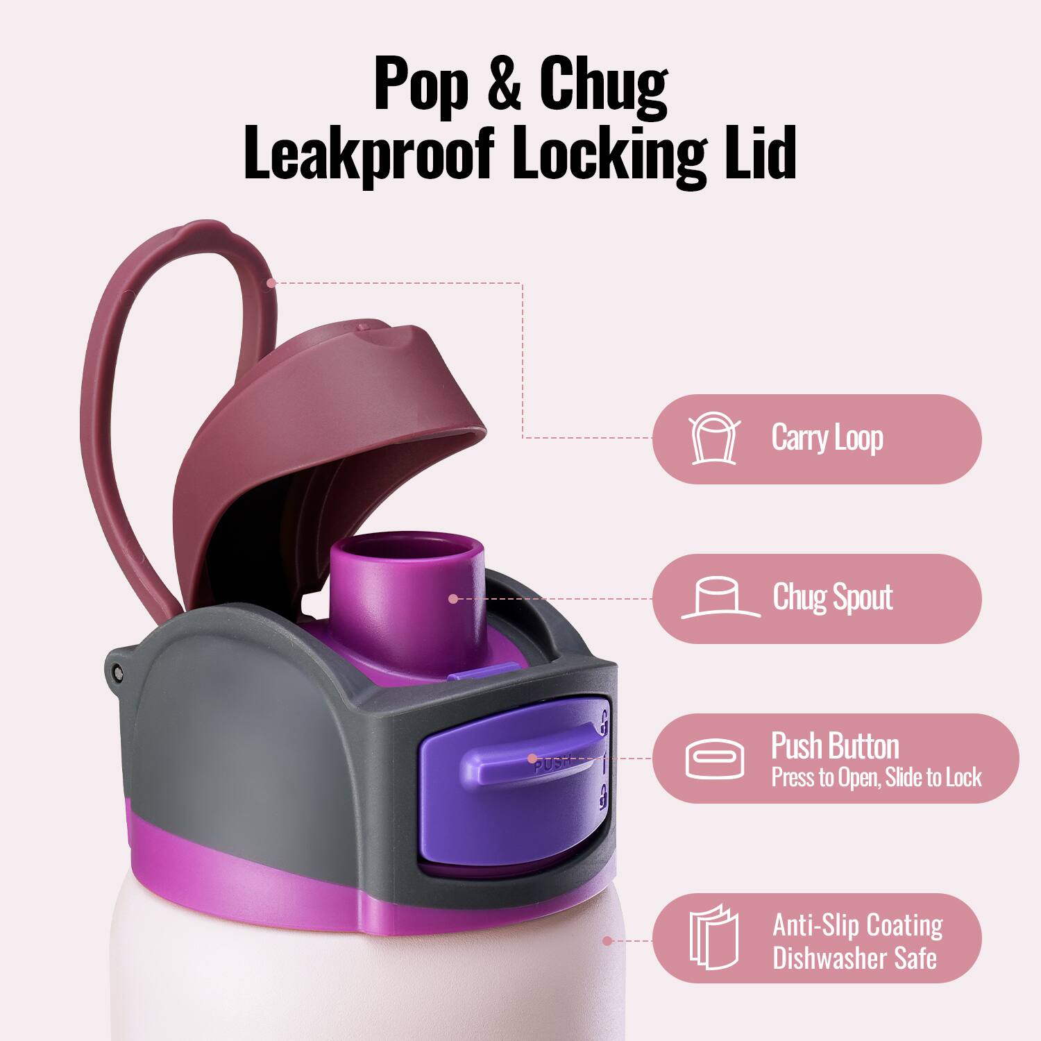 Pop & Chug Leakproof Locking Lid

- Carry Loop
- Chug Spout
- Push Button: Press to Open, Slide to Lock
- Anti-Slip Coating
- Dishwasher Safe