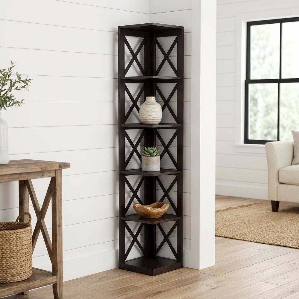 Back. FurniFact - Corner bookcase in a sleek finish with five spacious shelves - Espresso.