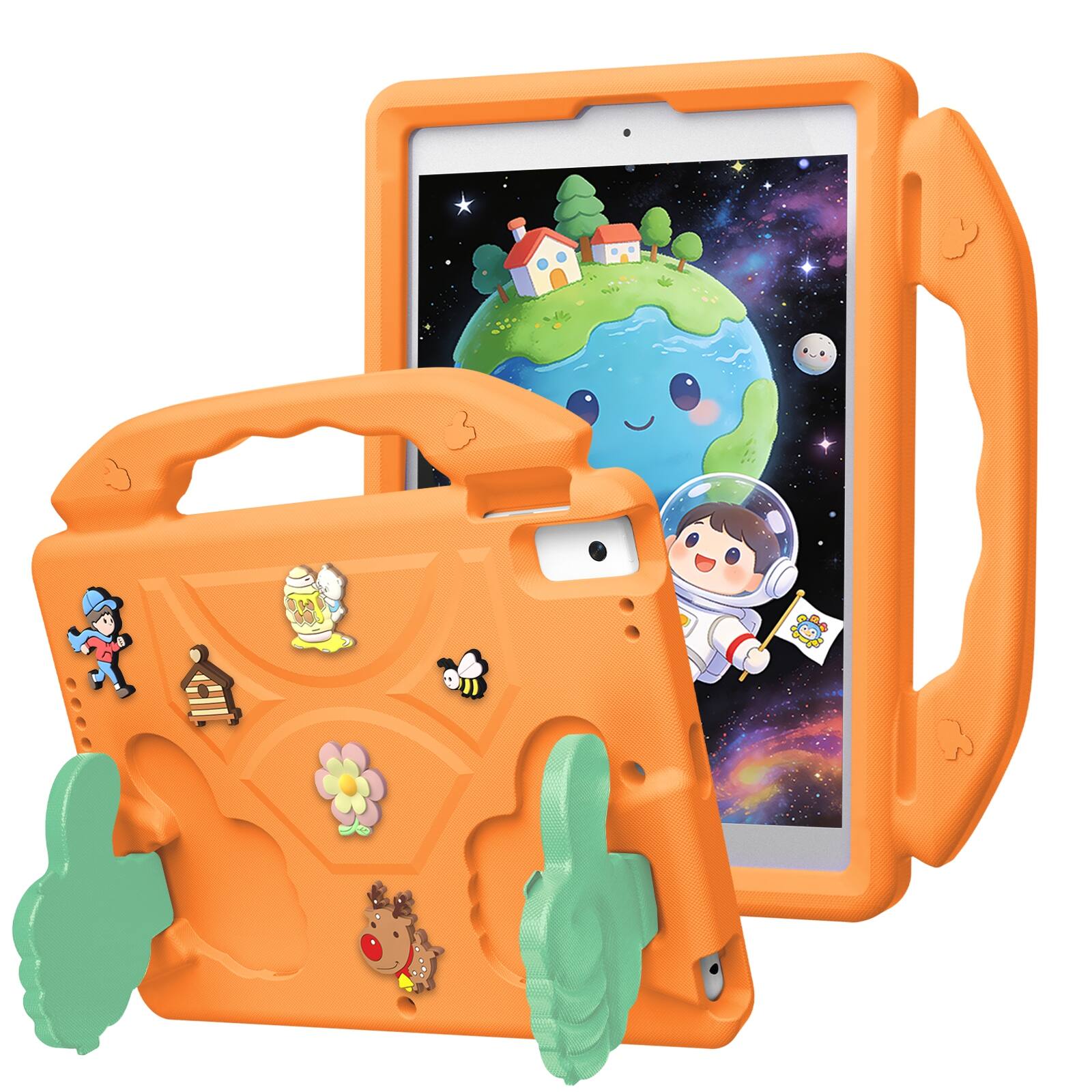 Angle. UUCOVER - Kids Case for iPad 9th 8th 7th Gen 10.2-inch (2021/2020/2019) Shockproof EVA Handle Stand Anti-Slip Protective Cover - Orange.