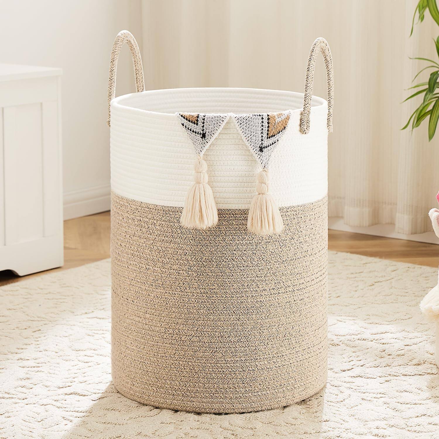 Alt View 1. Dapper Styles - Laundry Basket Woven Cotton Rope Hamper 60l For Decor Storage Of Dirty Clothes Toys And Blankets In Bathroo... - Dark green-40L.